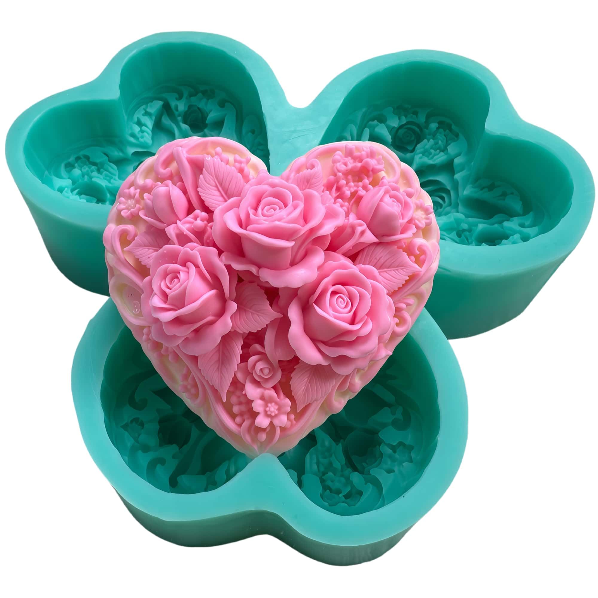 Molde de jabón de silicona con diseño de corazón y rosa, molde de alivio de flores de 3 cavidades para hacer jabón hecho a mano, molde de silicona flexible para velas, cera, resina, chocolate, pastel