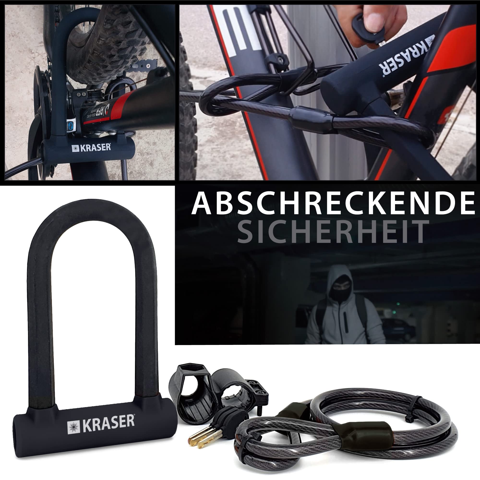 KRASER KR65145B Bügelschloss Fahrrad U Fahrradschloss Universal Hohe Sicherheit + Stahl Kabelschloss 120cm + Halterung