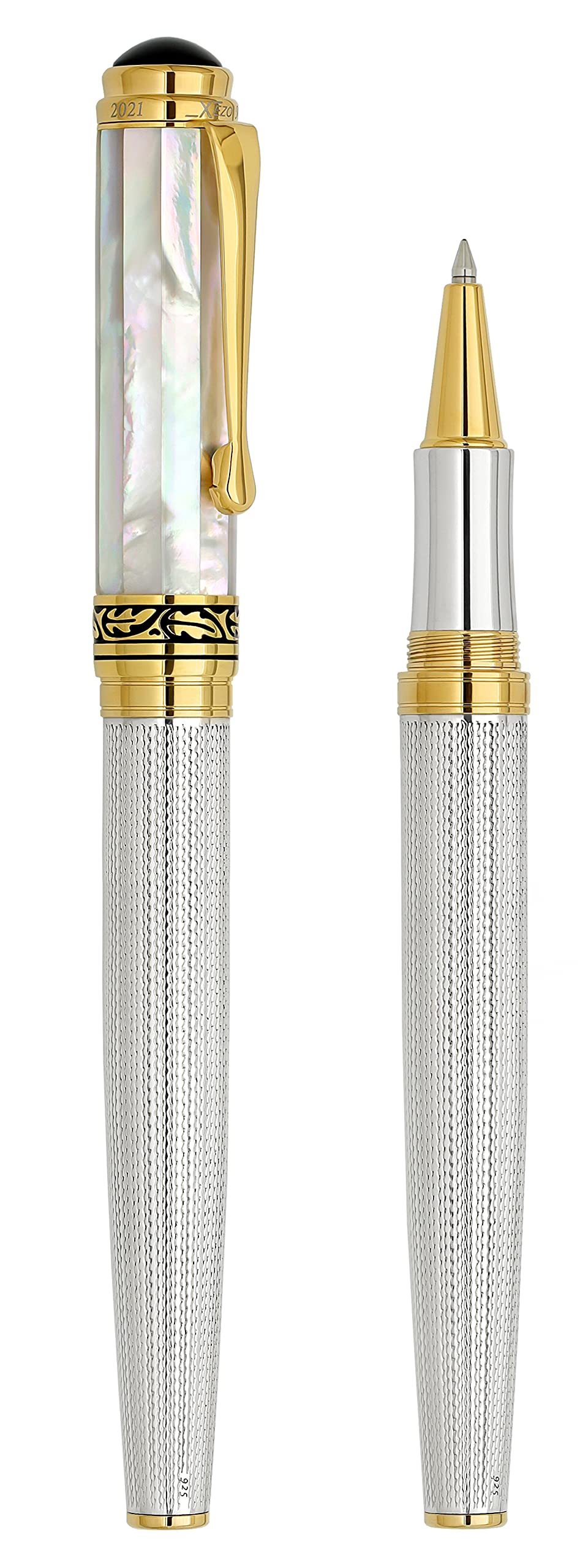 Xezo Bolígrafo roller Maestro, punta fina. Plata maciza 925 con nácar blanco madreperla oceánico y baño de platino puro. Artesanal, edición limitada, numerada