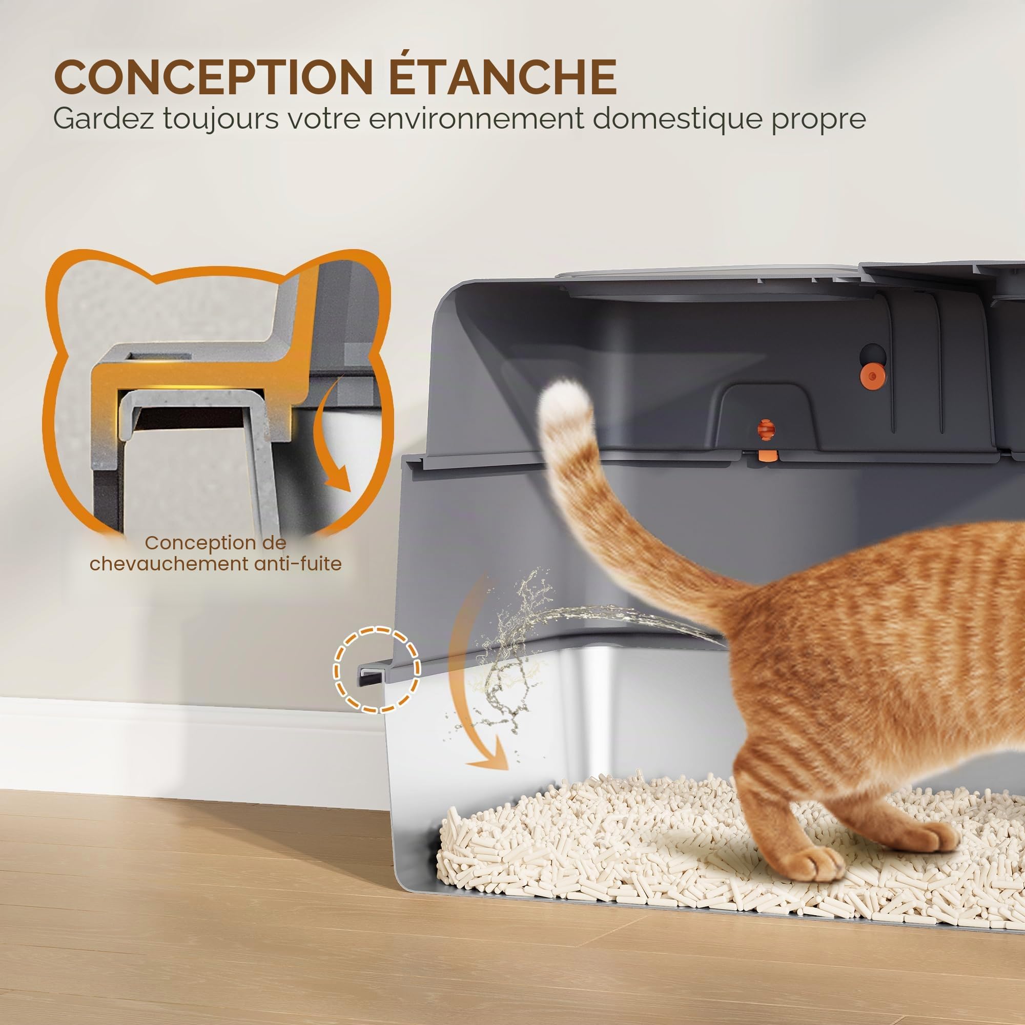 Bac à Litière en Acier Inoxydable XXXL, 70x50x42 cm, Gris Foncé | Bac à Litière Métallique Fermé avec Couvercle, 105° Couvercle à Charnière, Pédale et Pelle Incluse, Deux Portes FPLB206SG2