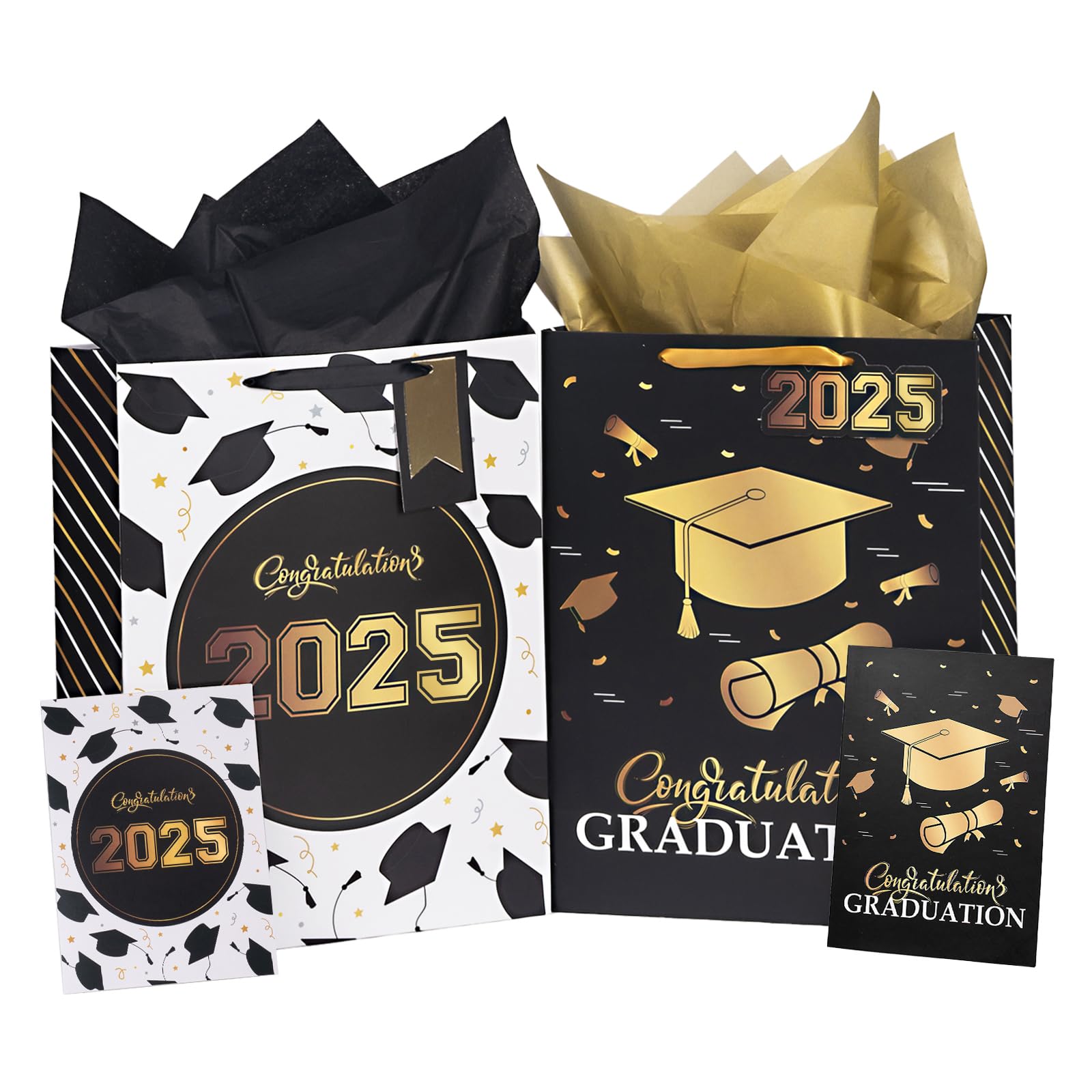 WRAPAHOLIC 16.5" Extra Large 2025 Graduation Gift Bag with Card and Tissue Paper - 2 Pack Black Gold Class of 2025 Paper Bag for Graduation Party
