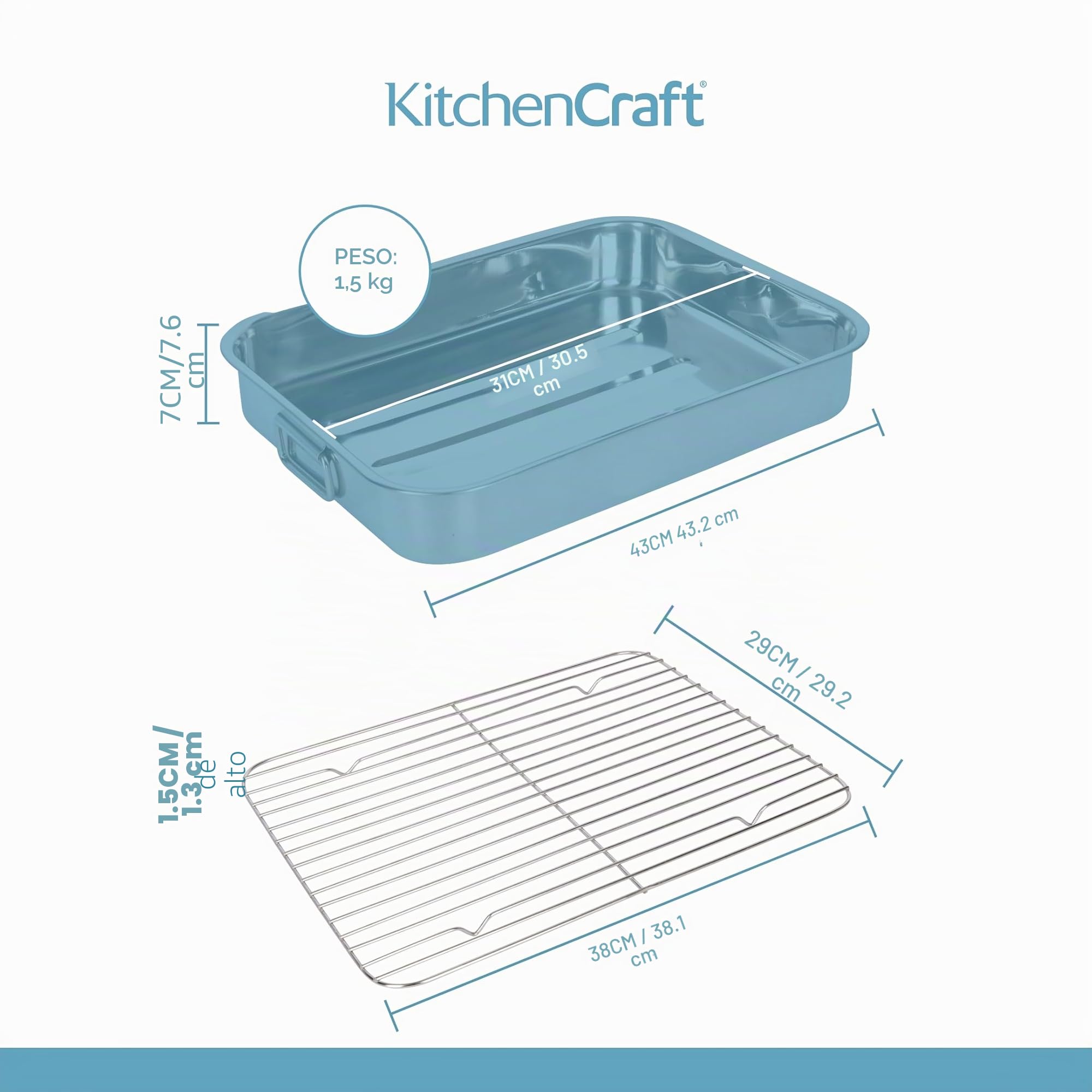 Kitchen Craft - Fuente de Horno Rectangular con Rejilla (Acero Inoxidable), Color Plateado