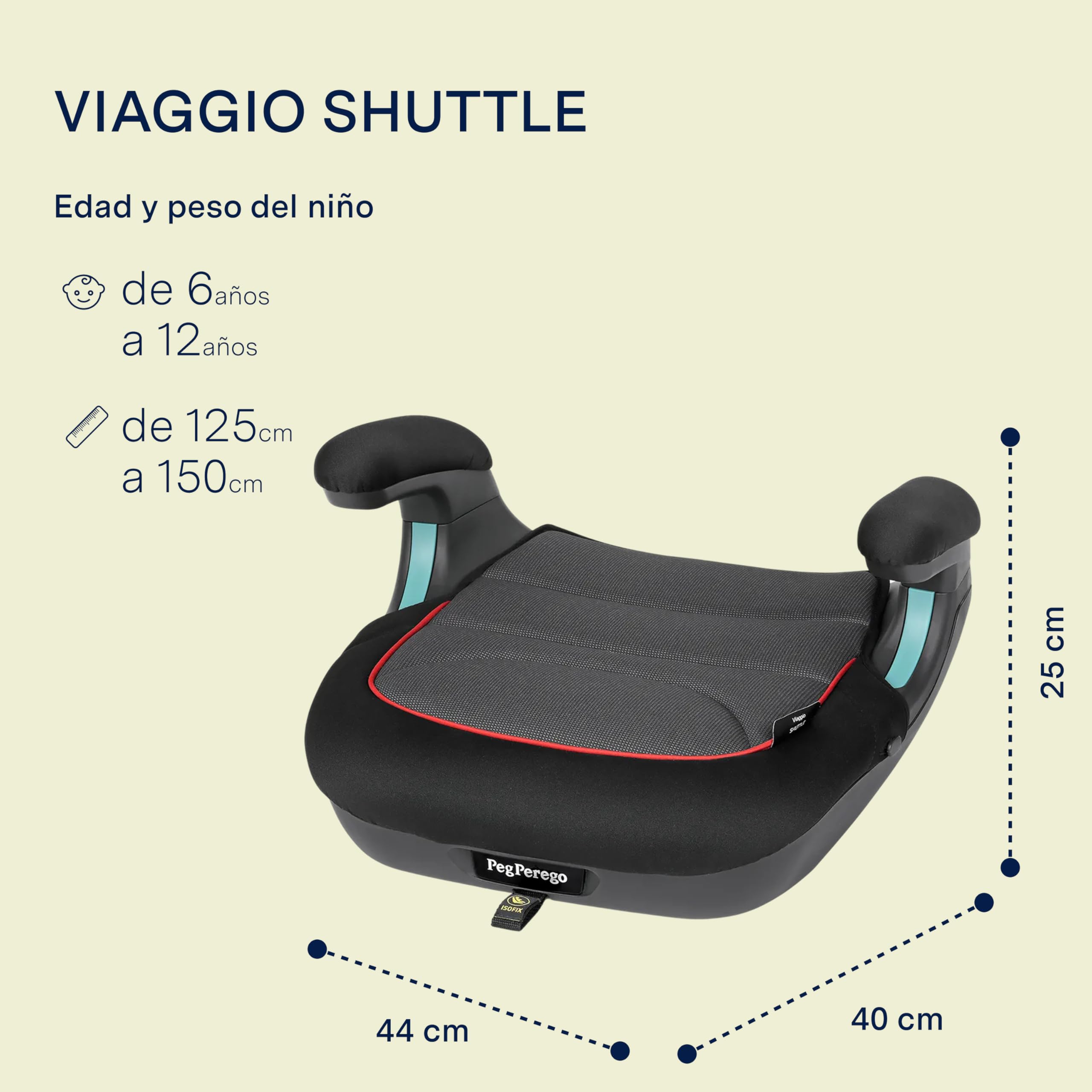 PEG Viaggio Shuttle Silla de Coche i-Size, Alzador para Niños 125–150 cm, 6–12 años, 22–36 kg, con ISOFIX, Portavasos Incluido, Active