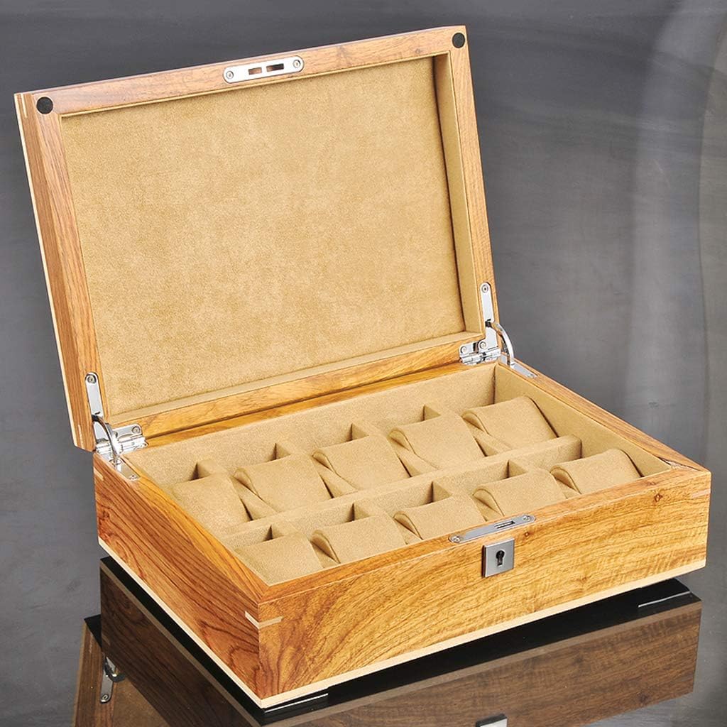Caja de reloj grande para hombres y mujeres, 10 ranuras para relojes, organizador de joyas de lujo, caja de exhibición de relojes de madera, parte superior de vidrio, cerradura de metal con