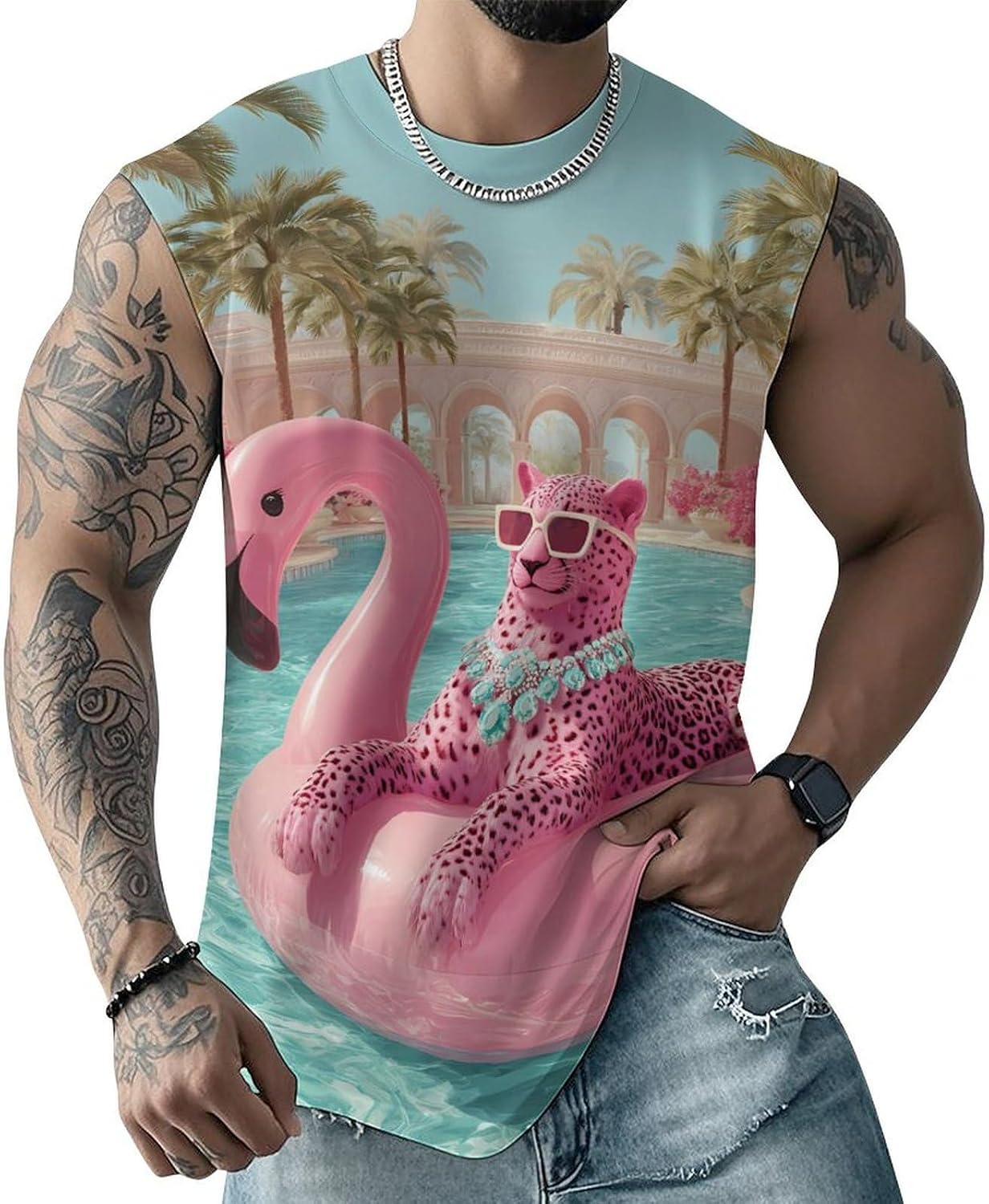 Leopard on Flamingo Float Men Summer Sleeveless Crew Neck Top 5XL