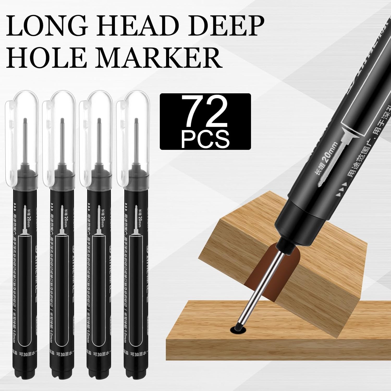 MotiMind 72 Pcs Deep Hole Marker Bulk Long Nib Marker Long Head Waterproof Multi-purpose Deep Reach for Christmas Father Gifts Carpenter Construction Woodworking(Black)