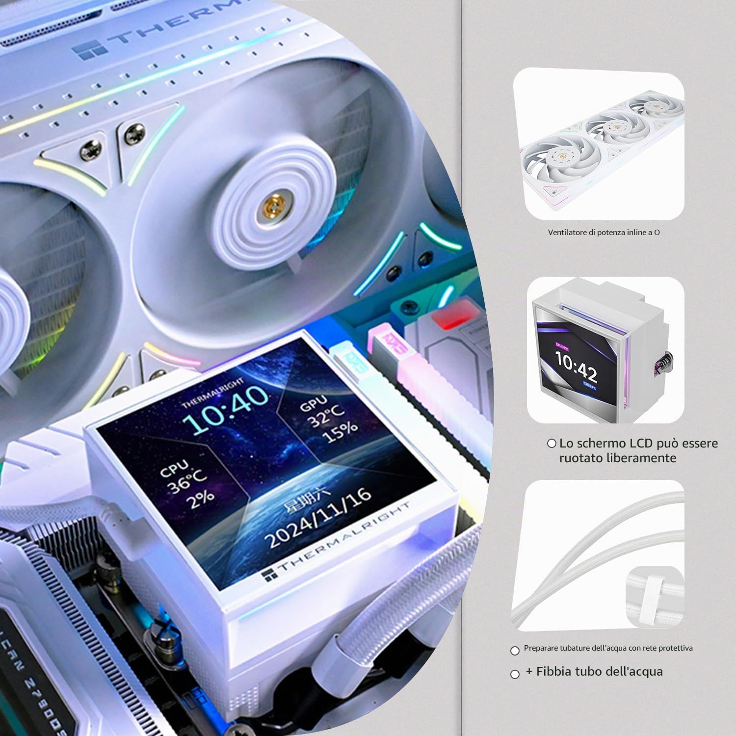 TR-Thermalright Hyper Vision 360 UB ARGB Bianco Liquido Raffreddatore per CPU, Schermo LCD IPS da 3,95'' con Risoluzione 480x480 - Magnetico, Raffreddatore da 360mm, per AM4/AM5, LGA1851/1700/115x