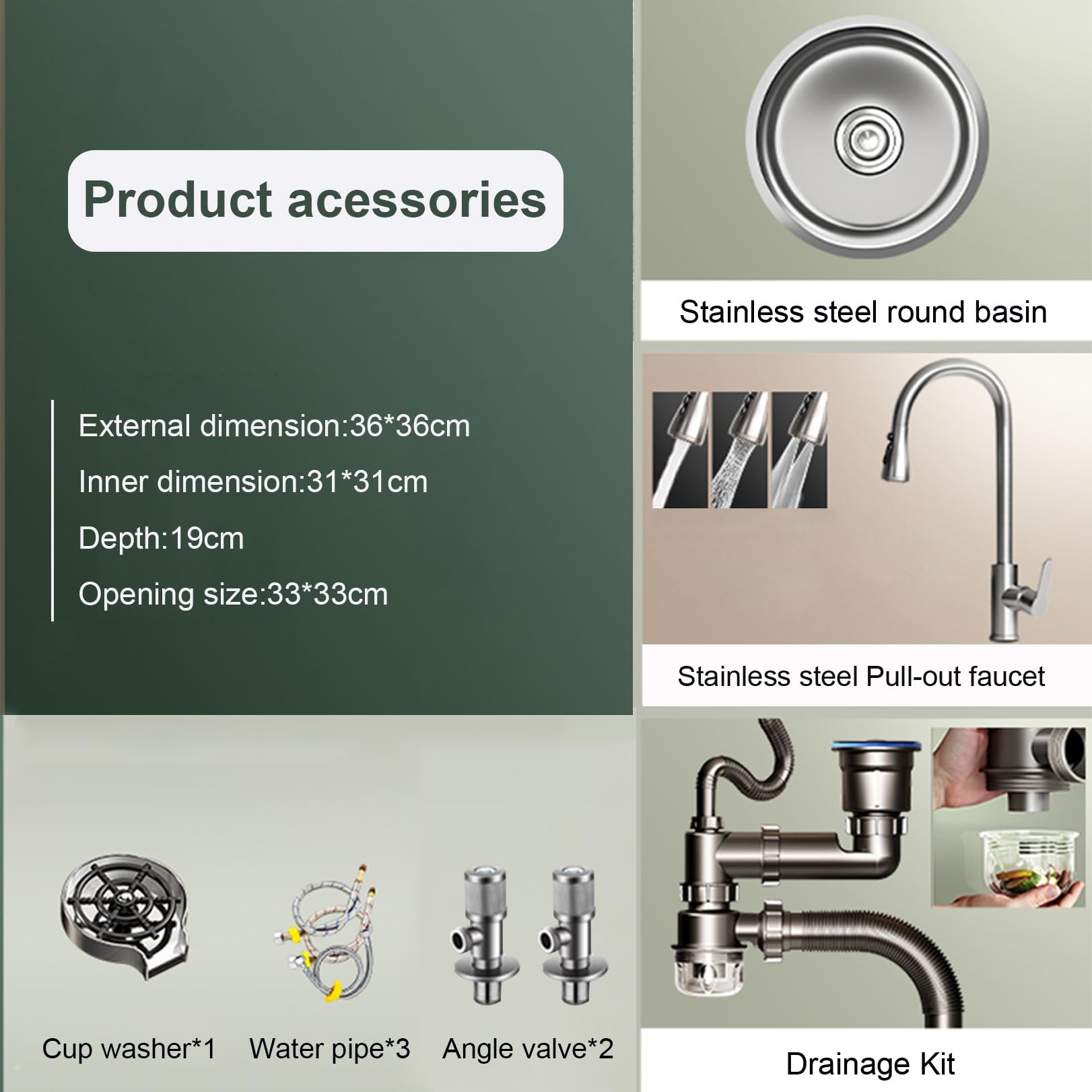 Fregadero de Acero inoxidable para cocina, 1 cubeta con accesorios, lavabo Redondo incorporado, grifo multifuncional giratorio de 360°, fácil de limpiar.