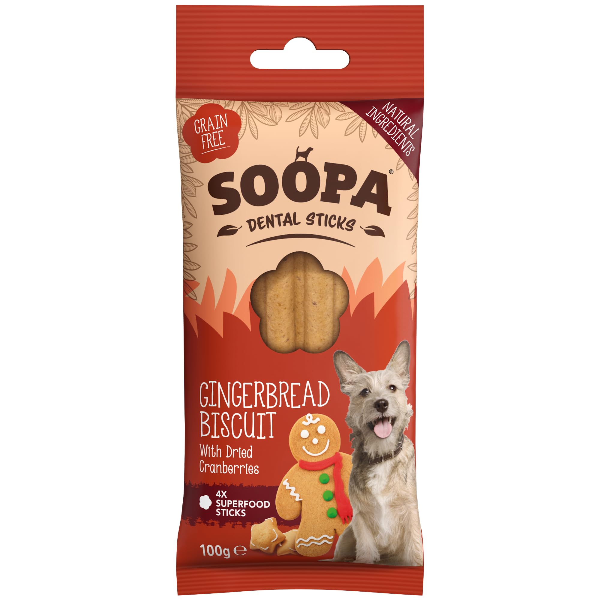 Soopa Gingerbread Biscuit Dog Dental Sticks, Human-Grade, 100 g, 1-Pack