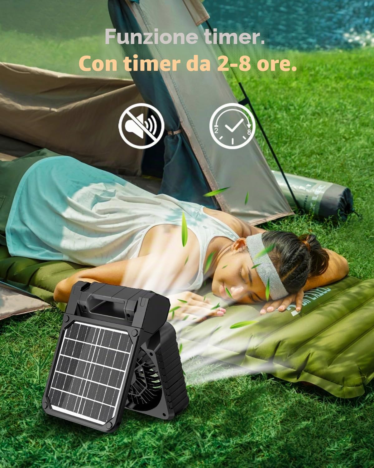 Ventilatore Solare Campeggio 10400 mAh con Lanterna LED, Batteria Ricaricabile, 4 Livelli di Velocità, Timer da 2 a 8 ore, Silenzioso, Ventilatore da Tavolo USB per Tende, Attività all'Aperto