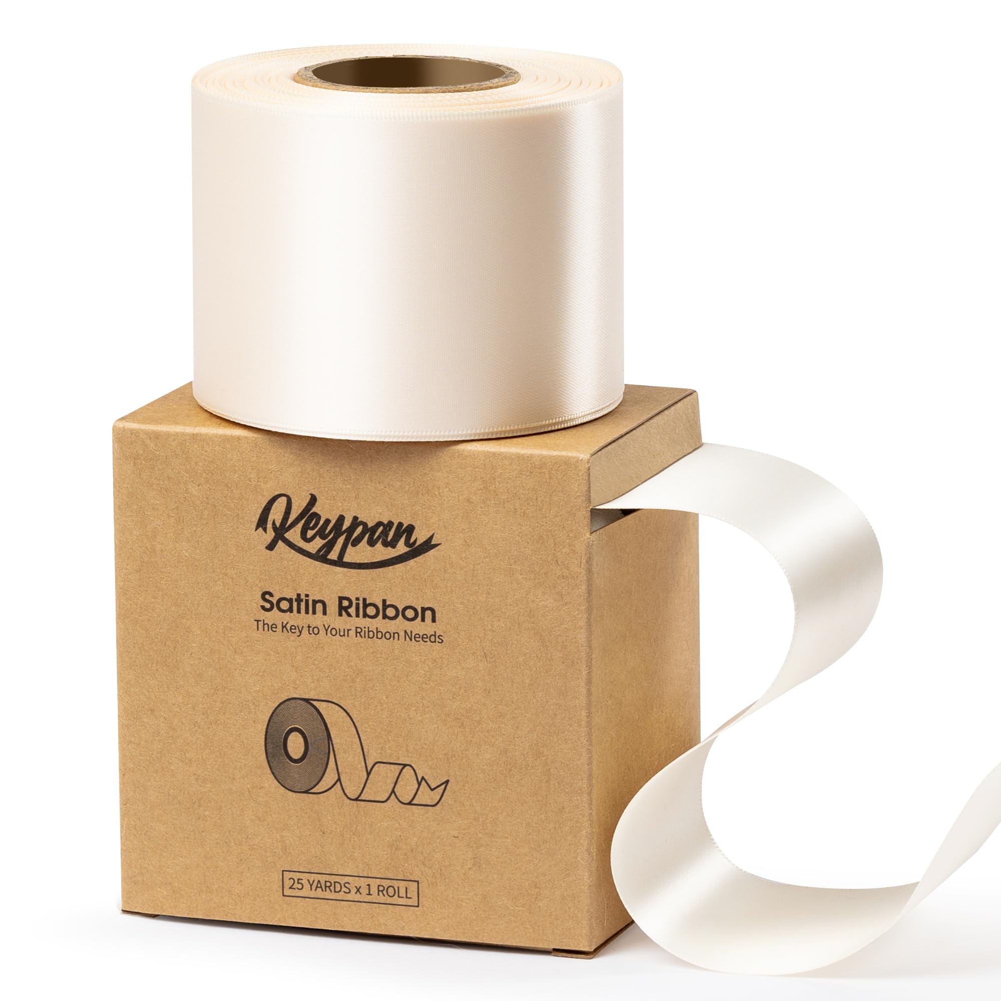 Keypan Ivory Satin Ribbon 64 mm Double-Faced Polyester Cream Ribbons 22,9 m for Gift Bows Crafts Floral Bouquet Wedding Invitations