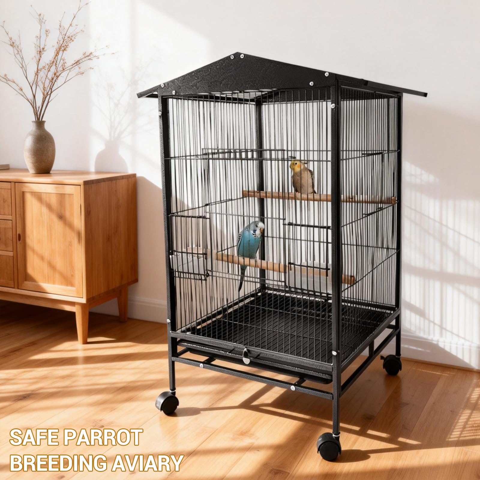 Garvee Jaula para Pájaros Grande de Hierro Forjado con Soporte y Ruedas – Pajarera Espaciosa para Loros, Periquitos y Ninfas – Incluye Bandeja Extraíble, Perchas de Madera y Comederos 85 x 57 x 45 cm