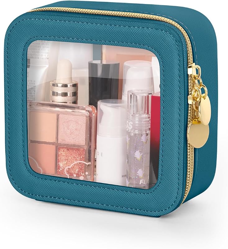 Necessaire de Maquiagem Soimeat em Couro Sintético, Transparente, Azul, Pacote com 1
