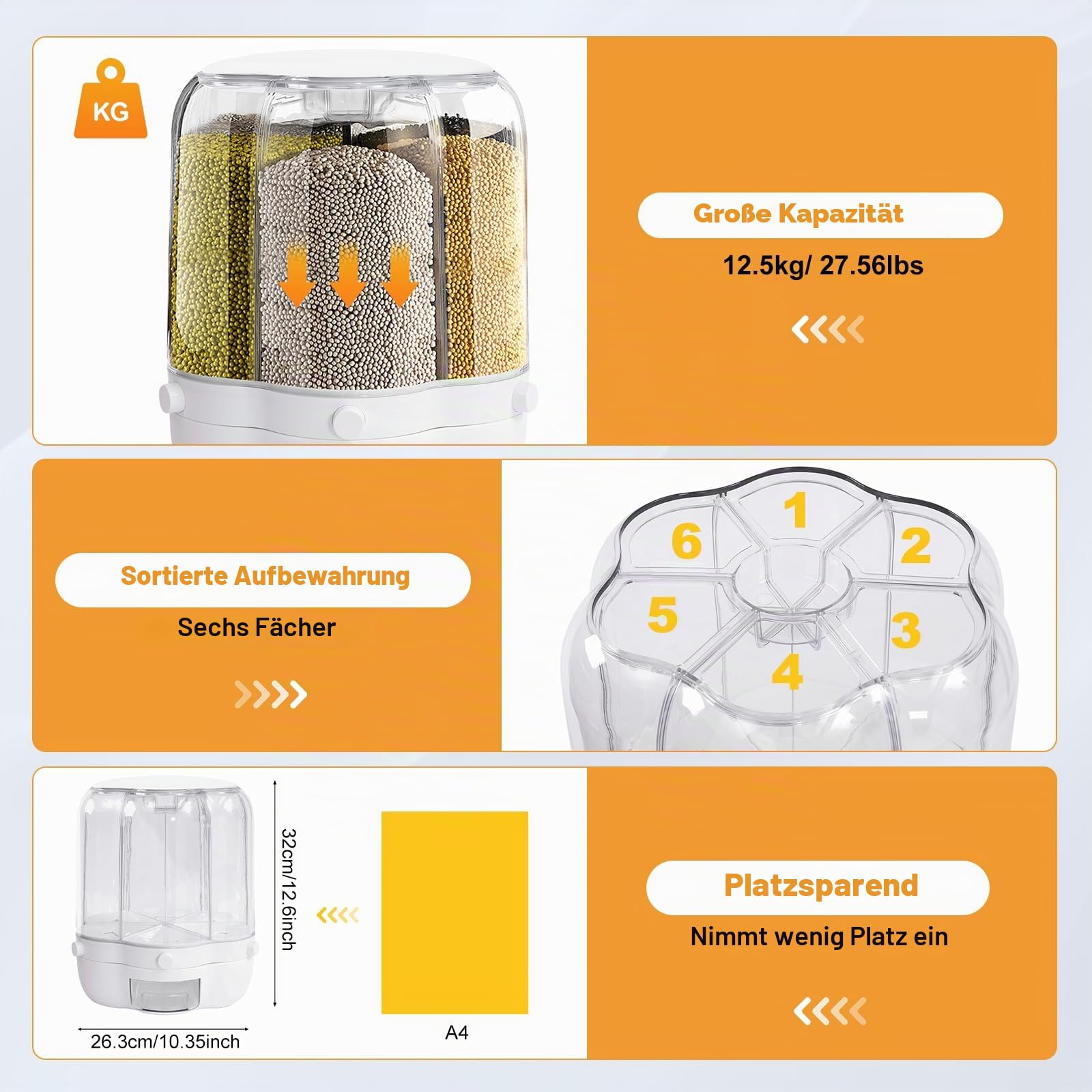 6 In 1 Rotierender Getreidespender Reisspender 360° drehbarer transparenter Getreidebehälter versiegelte Aufbewahrungsbox für Reis Soja und Roten Bohnen (12.5kg)