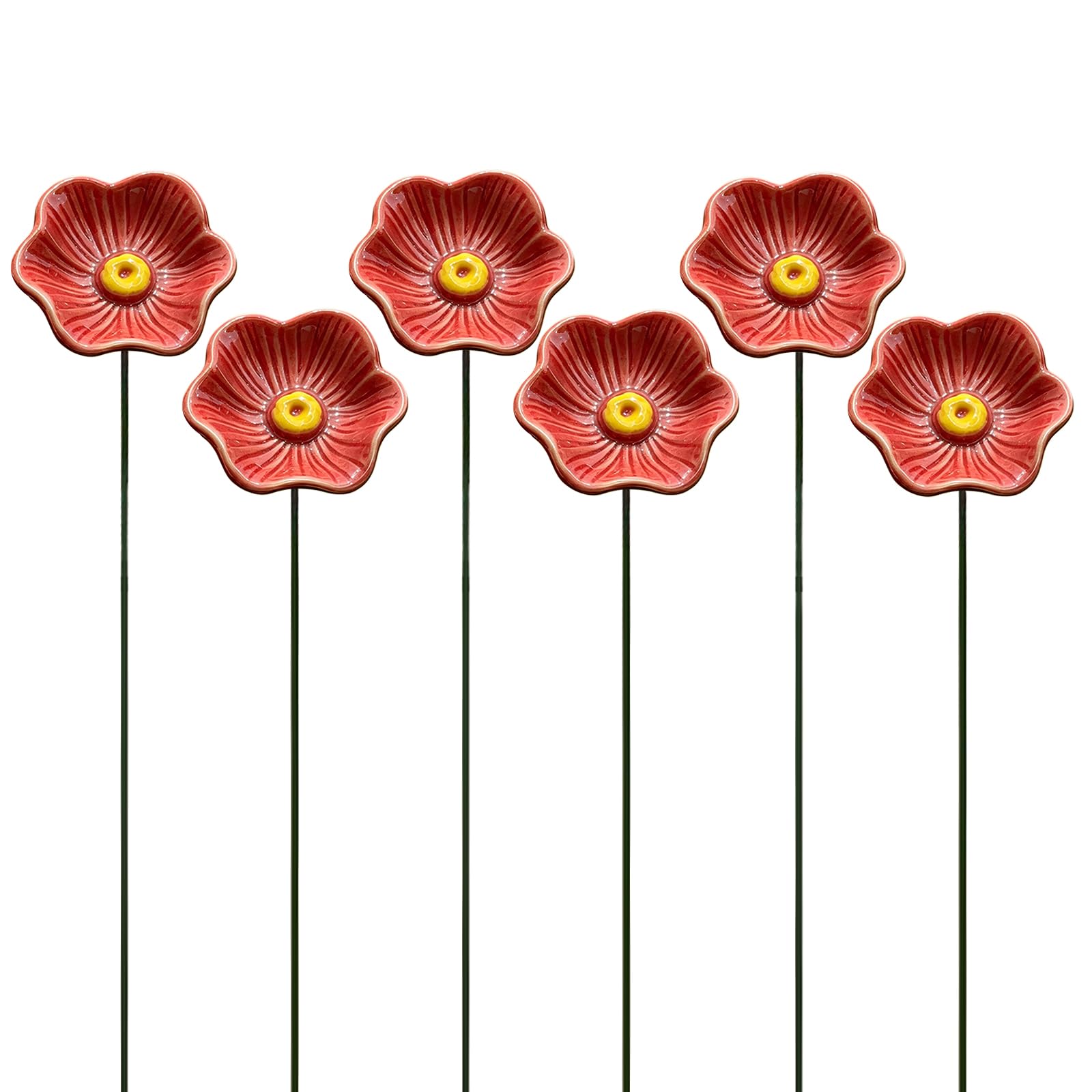 6pcs Flower Ceramic Bee Watering Station Easy To Clean & Portable Insect Drinking Cup Flexible Placement Design for Patio Garden Yard Decor (Red Poppy) (6pcs J)