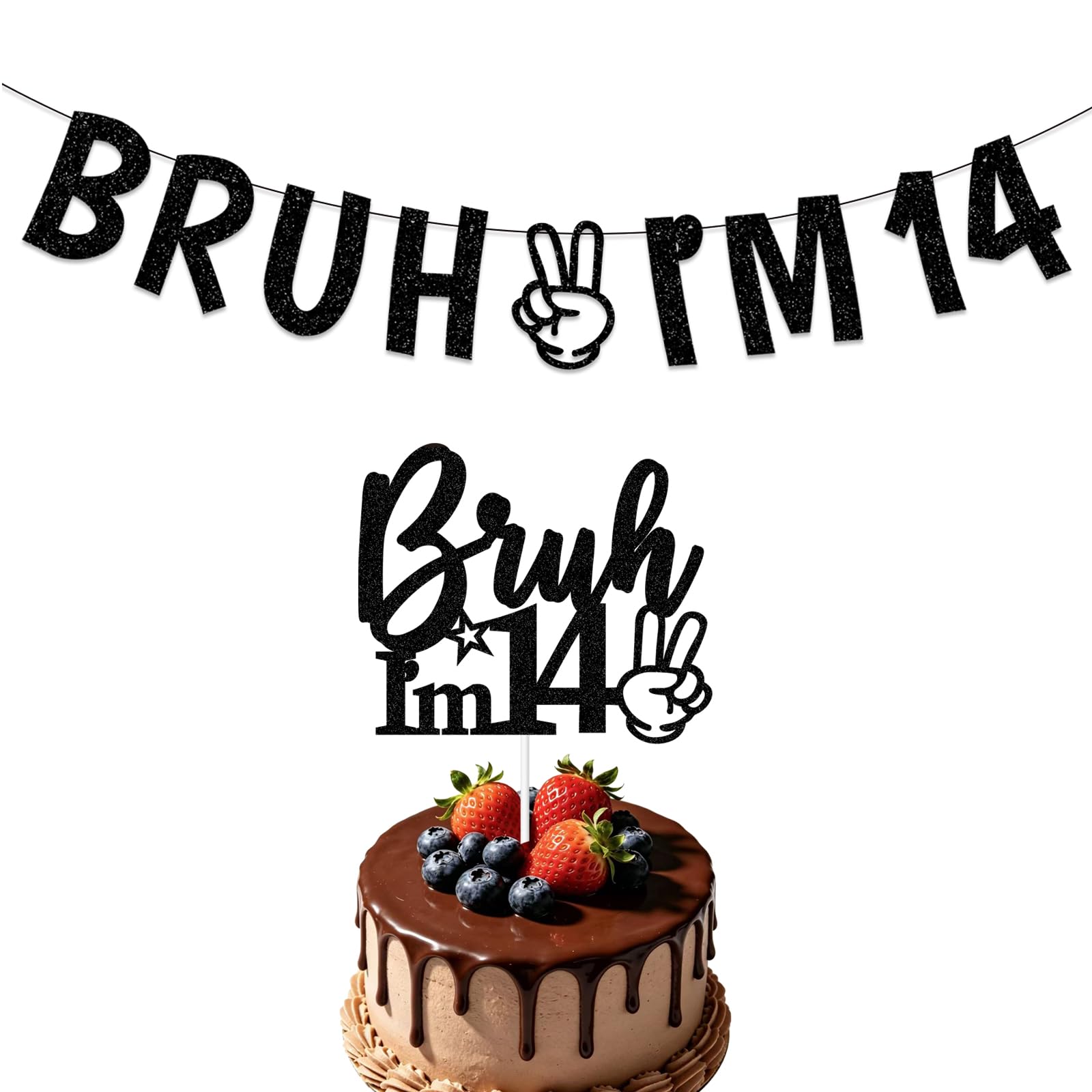 14th Birthday Banner Bruh I'M 14 Banner Decoration Glitter Black 14 Banner and Cake Topper for Boys and Girls Age 14 Birthday Decorations Black
