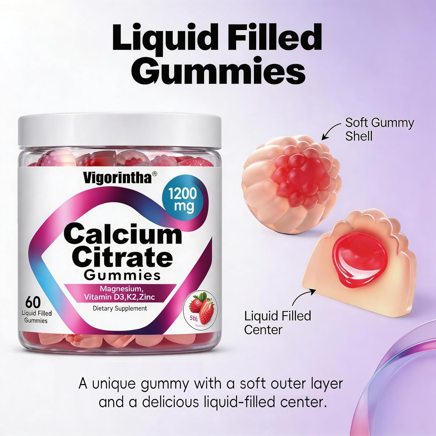 Calcium Citrate Gummies 1200mg with Magnesium,Vitamin D3, K2, Calcium Supplements for Women & Men- Easy to Digest, Vegan, Gluten Free,Sugar Free- Strawberry Flavor, 120 Calcium Gummies