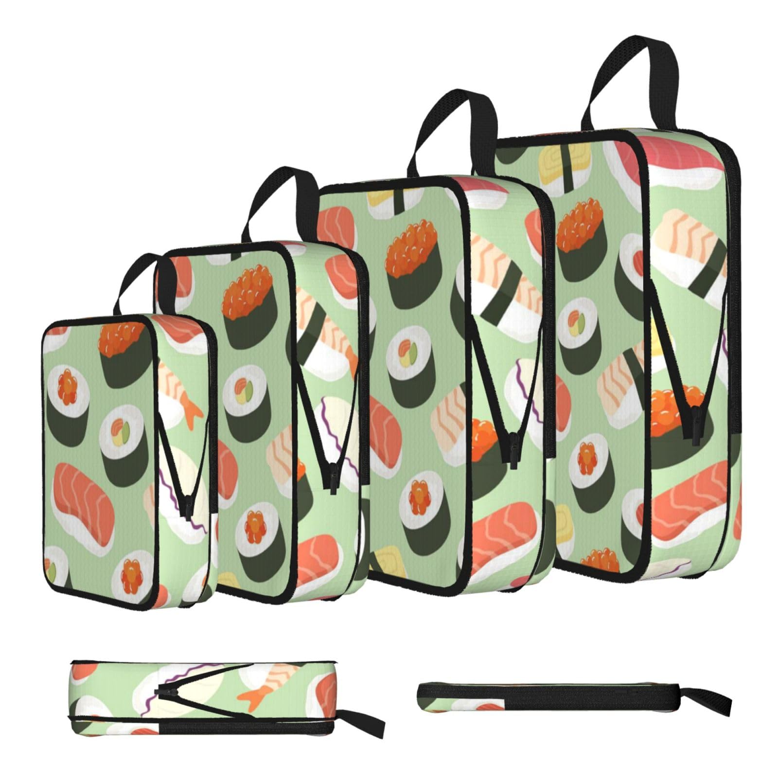 Sushi Food Pattern Print Compression Packing Cubes 4-Piece Set With Multi- Compartment Travel Bag, Waterproof Suitcase Organiser Bags