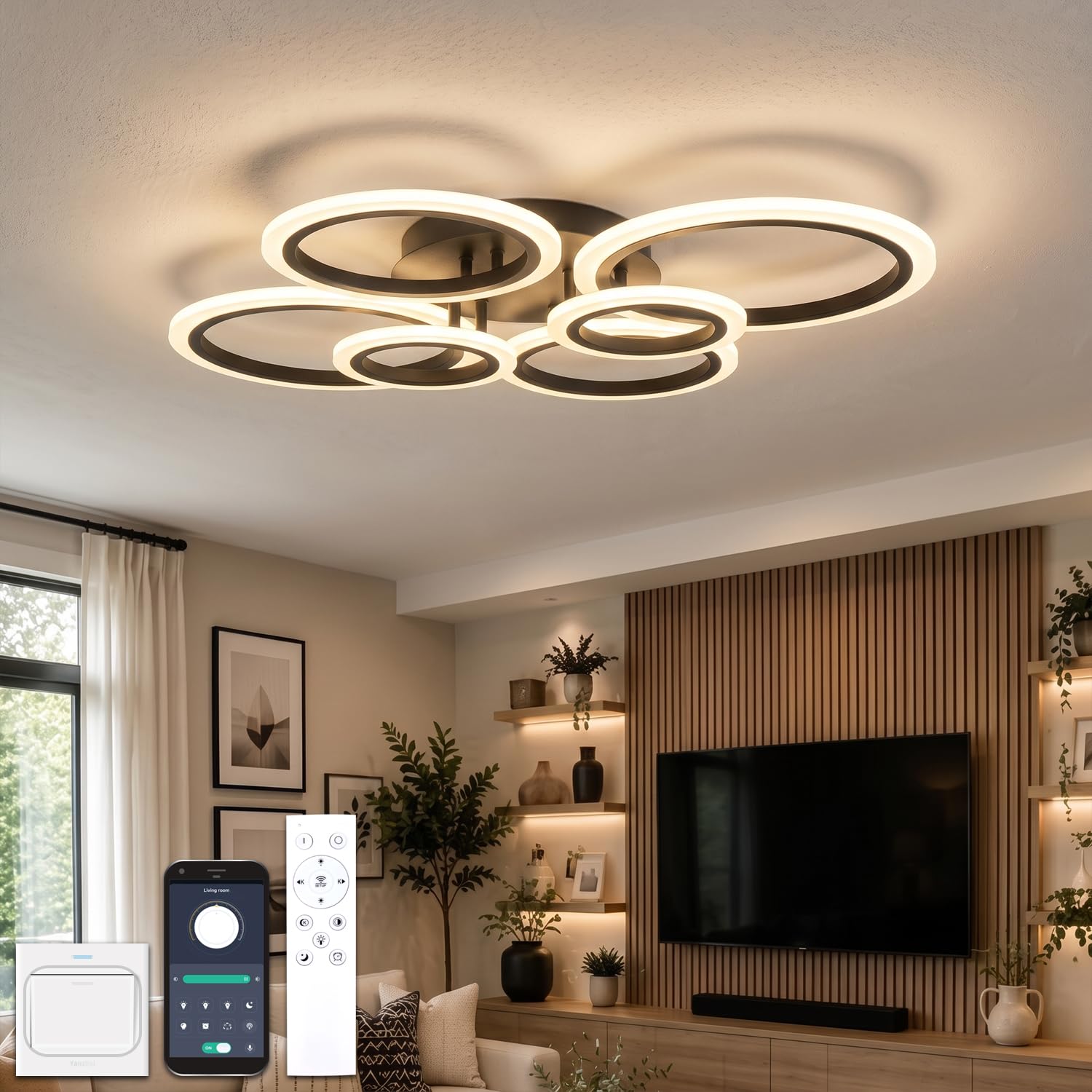 Luminaire Plafonnier Led avec Télécommande & APP, Éclairage de plafond avec 6 Anneaux, Dimmable, Fonction Mémoire de Lumière, avec Minuterie, Lustre Moderne Salon Salle Chambre Bureau, Noir