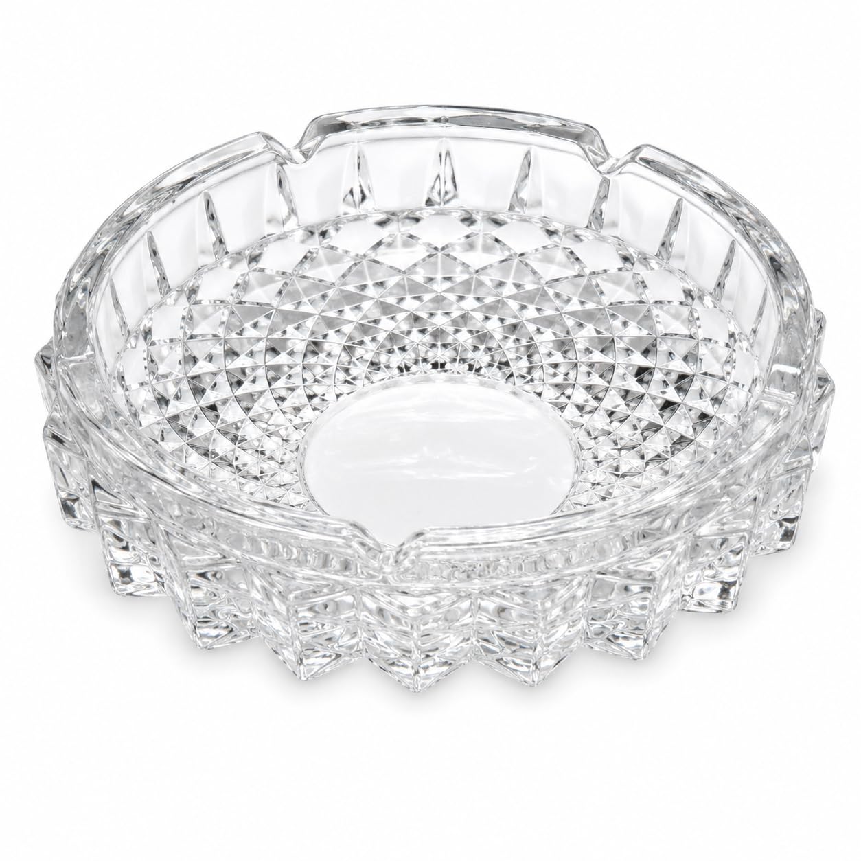 JRose Collections Heavy Glass Ashtray 14cm, Crystal Effect Diamond Cut Round Ash Tray with 4 Cigarette Rests, Thick Clear Glass Decorative Ashtray for Home, Garden, Patio, Office & Bar
