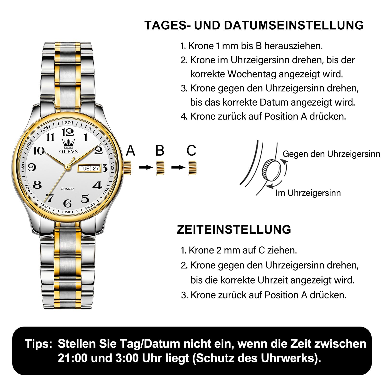OLEVS Armbanduhr Damen, Edelstahl Analoge Quarz Tag Datum Damenuhr, Wasserdicht Kleines Gesicht Leuchtend Uhr Damen, Eleganz Freizeit Damenuhren