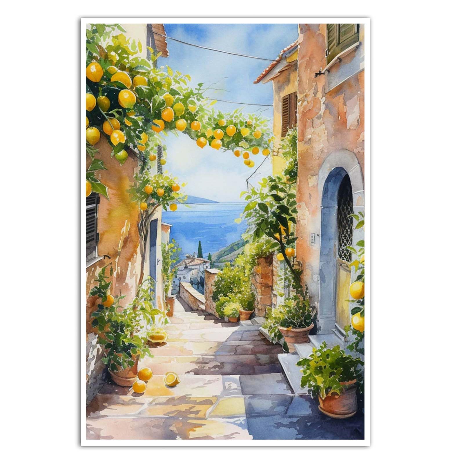 GOVWSRBJ Amalfi Coast Lemon Tree Canvas Positano Watercolor Mediterranean Italian Cityscape Artwork Wall Art Farmhouse Living Room Bedroom Kitchen