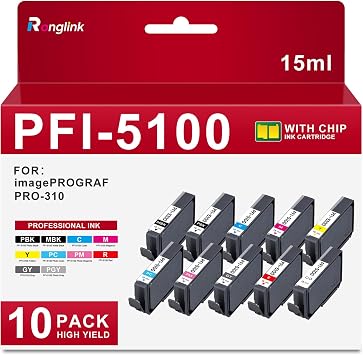 PFI-5100 Ink Cartridges with Chip Replacement for Canon PFI-5100 PFI5100 Ink Tank High Capacity for imagePROGRAF PRO-310 PRO310 Printer Ink 10 Pack, 15ML, MBK/PBK/C/Y/M/R/CO/PC/PM/GY