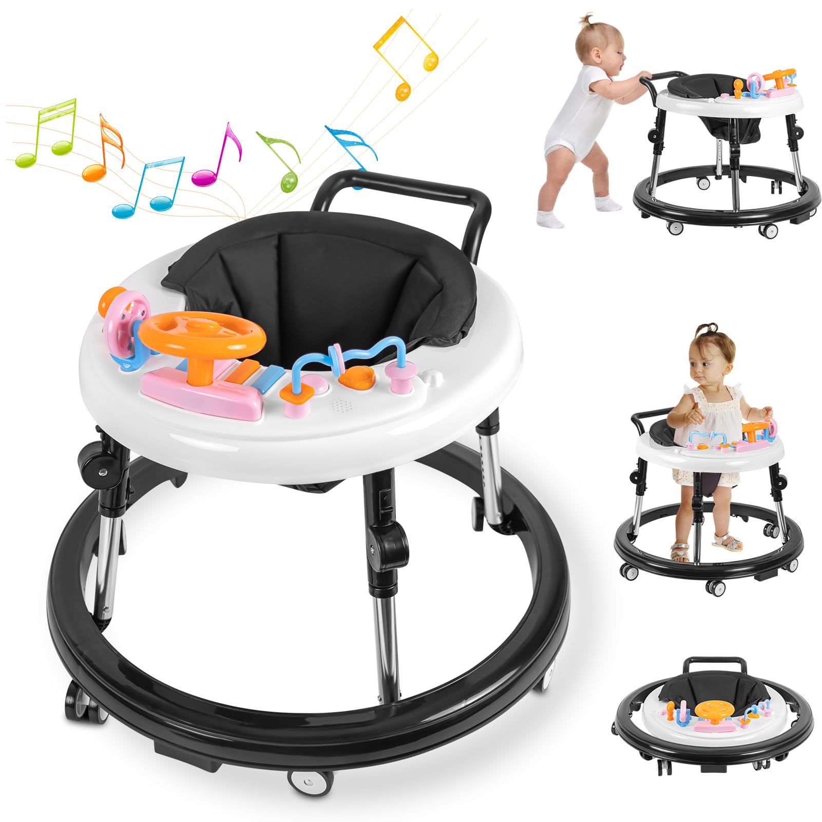 Baby Walker Foldable, Baby Walkers and Activity Center for Boys Girls Babies 6-12 Months with Feeding Tray & Music, and 5 Adjustable Heights, Baby Walker with Wheels……