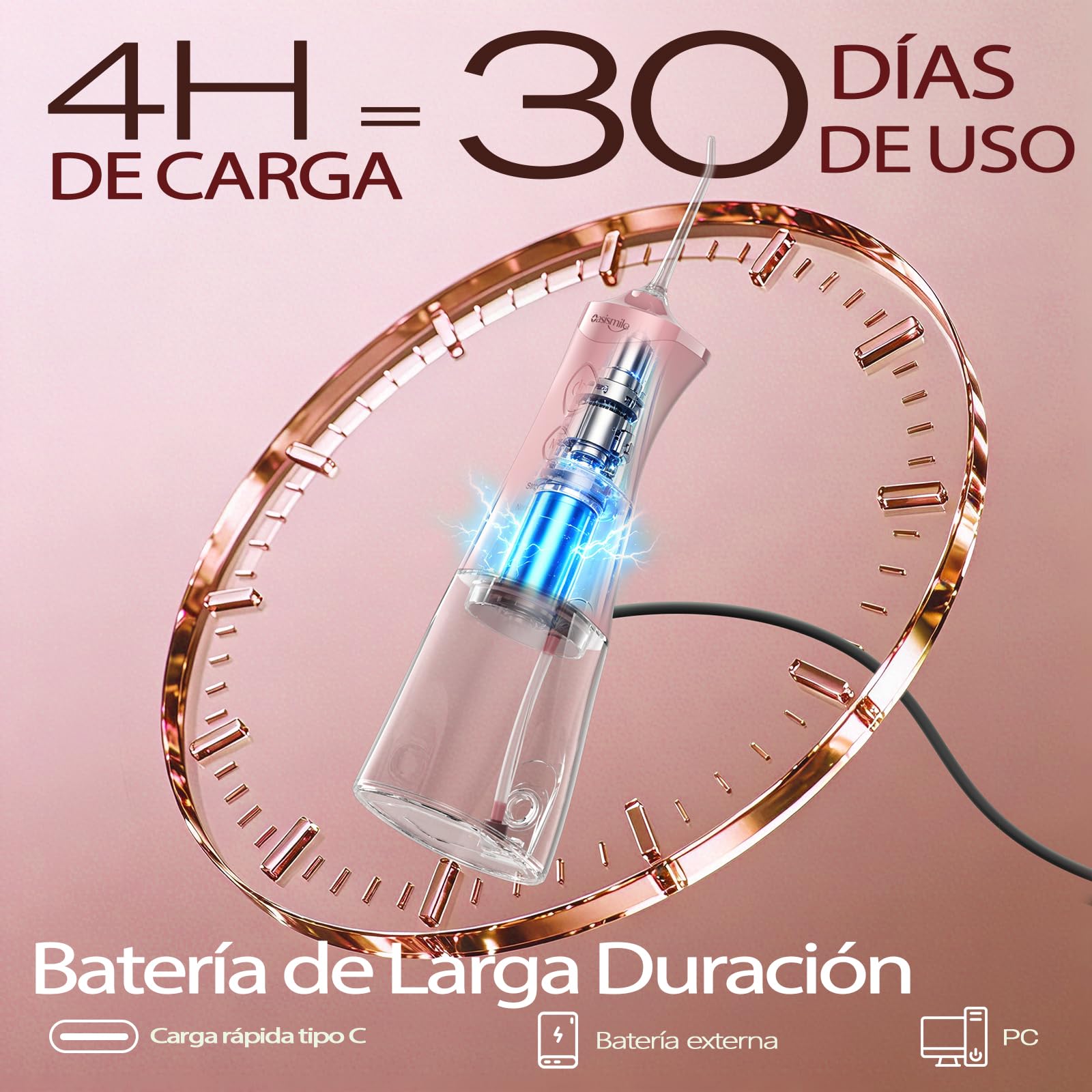OasiSmile Irrigador Dental Portátil, 350 ML Irrigador Bucal con Tecnología DIY Autoajustable, 5 Boquillas y 4 Modos, Ideal para Ortodoncia y Encías Sensibles, IPX7 Recargable para Viaje Hogar, Rosa