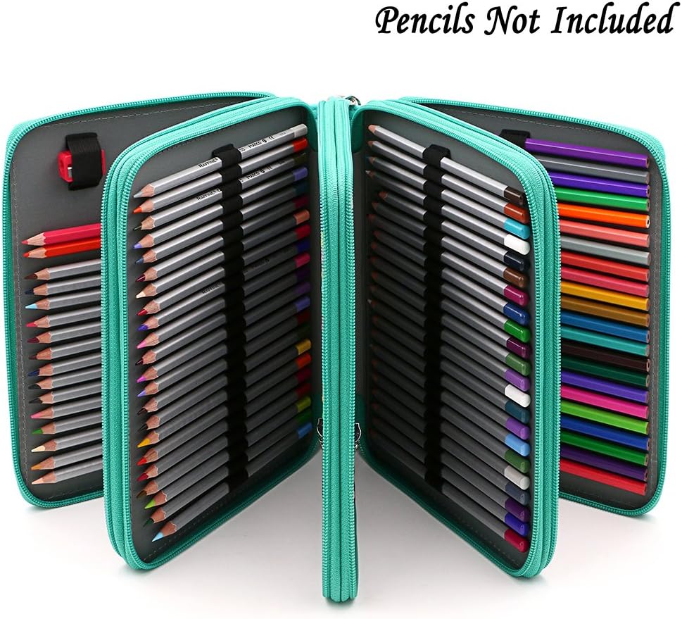 BTSKY Colored Pencil Case Holder- Big Capacity Deluxe PU Leather Storage Pencil Organizer Holds 160 Pencils with Handle Strap for School College Office Watercolor Pencils Organization(Green)