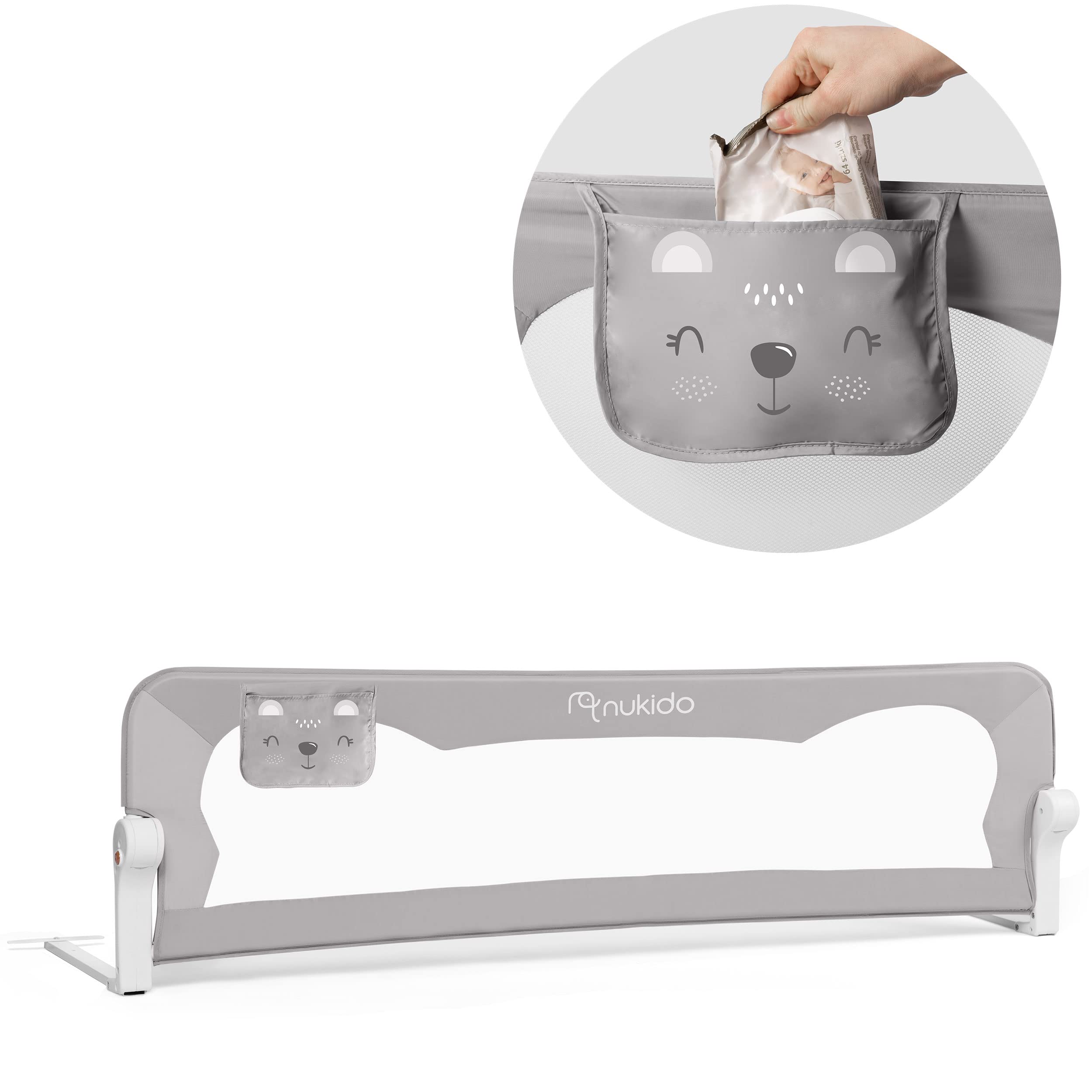 Nukido Barrera De Cama 180 x 35 x 42 cm Barandilla De Seguridad para Niños Plegable con Sistema De Bloqueo Cinturones De Seguridad Bolsillo Gris