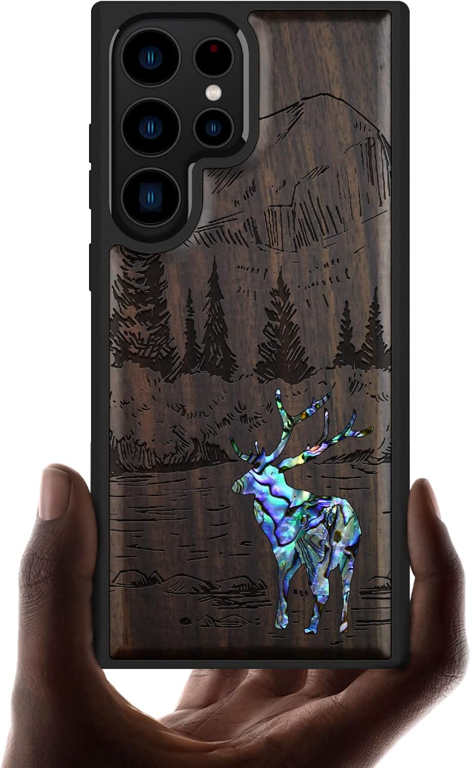 Carveit Designer Wooden Case for Samsung Galaxy S23 Ultra Cover [Wood Engraving & Shell Inlay] Compatible with Wireless Chargers Galaxy S23 Ultra Case (Forest Deer-Walnut)