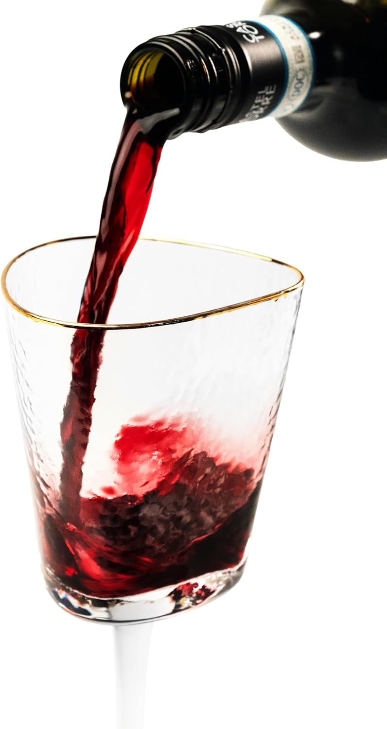 Bec's Designs Gold Rimmed Wine Glasses – Set of 4, 10oz Handblown Hammered Glass, Unique Triangular Shape – Elegant Stemware for Red, White & Champagne - Image 2