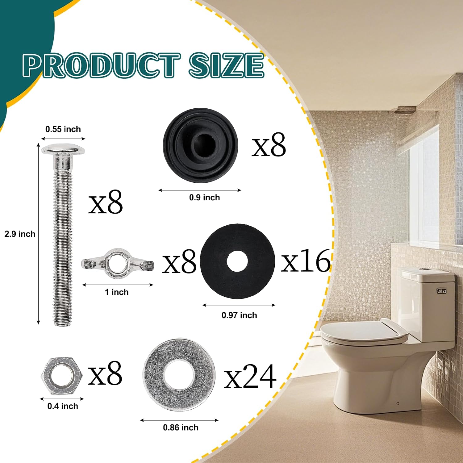 8PCS M6 Universal Toilet Tank to Bowl Bolts Kit, Heavy Duty Toilet Tank Bolts and Washers, 304 Stainless Steel Toilet Seat Bolts Kit, with Extra Long Nut Easy to Install (ΦM6, 8)