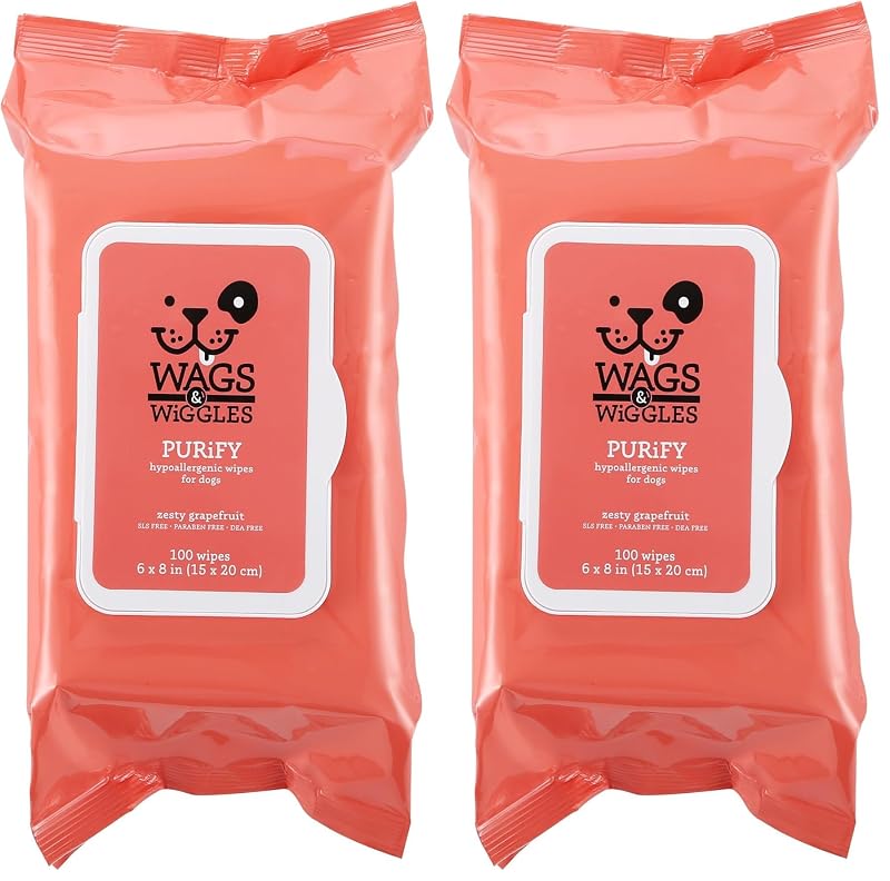 Lenços de Higiene para Cães Wags & Wiggles Purify Hipoalergênicos, Fórmula à Base de Ingredientes Vegetais e Aroma Zesty Grapefruit, 2 Pacotes com 100 Unidades