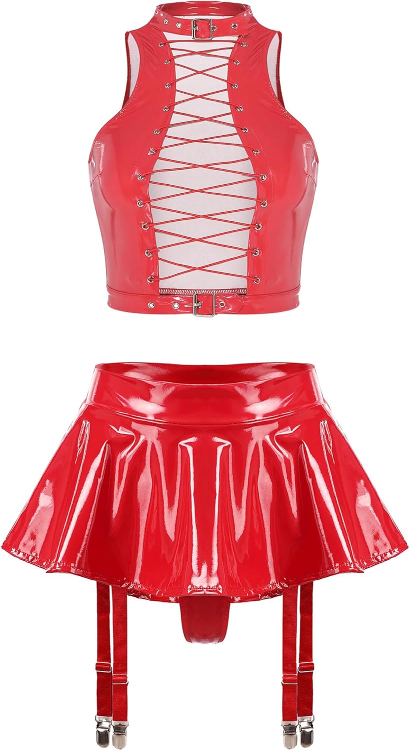 Jhaoyu Womens Patent Leather Carnival Lingerie Set Vest Crop Top with Skirt Garter Belts Clubwear