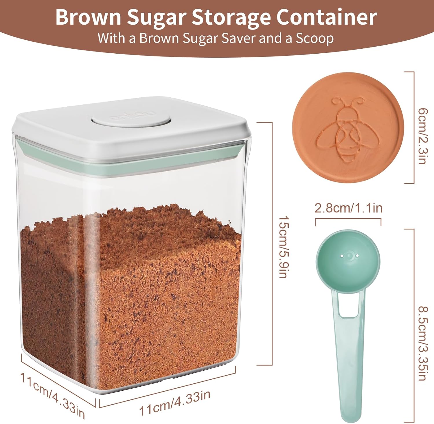 POP Airtight Brown-Sugar Keeper-Container - 1.3Qt(42Oz/1.2L) Clear Jar | 1/2 Tablespoon Scoop | Brown Sugar Saver | Stackable One-Touch Opening - Image 2