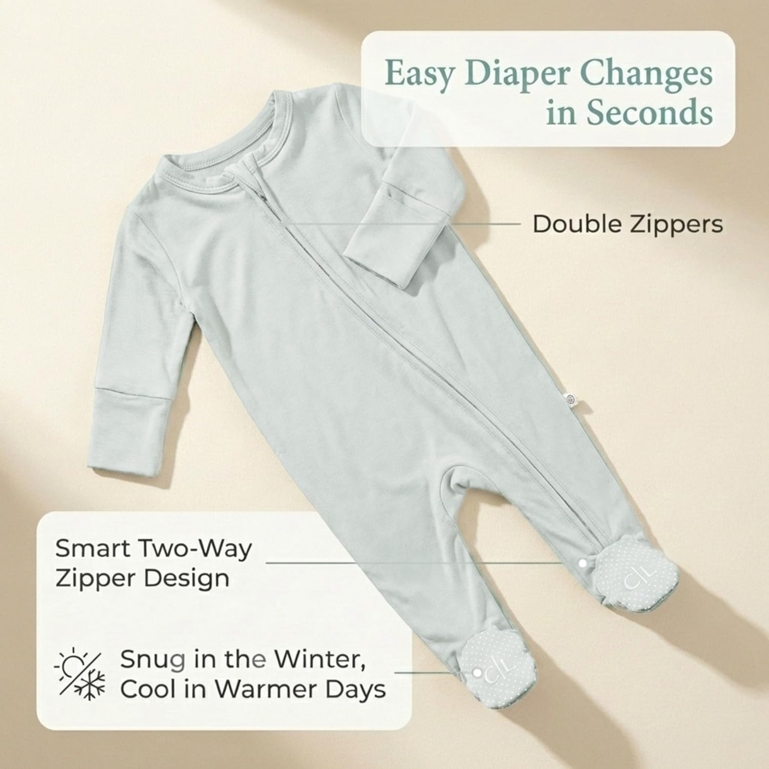 Caden Lane Zippered Baby Footie Pajamas, Soft Onesie Bodysuit with Feet & Double Zipper for Easy Diaper Change, Infant, and Toddler Footed One-Piece Jumpsuit, Lily Pad Green, 0-3 Months