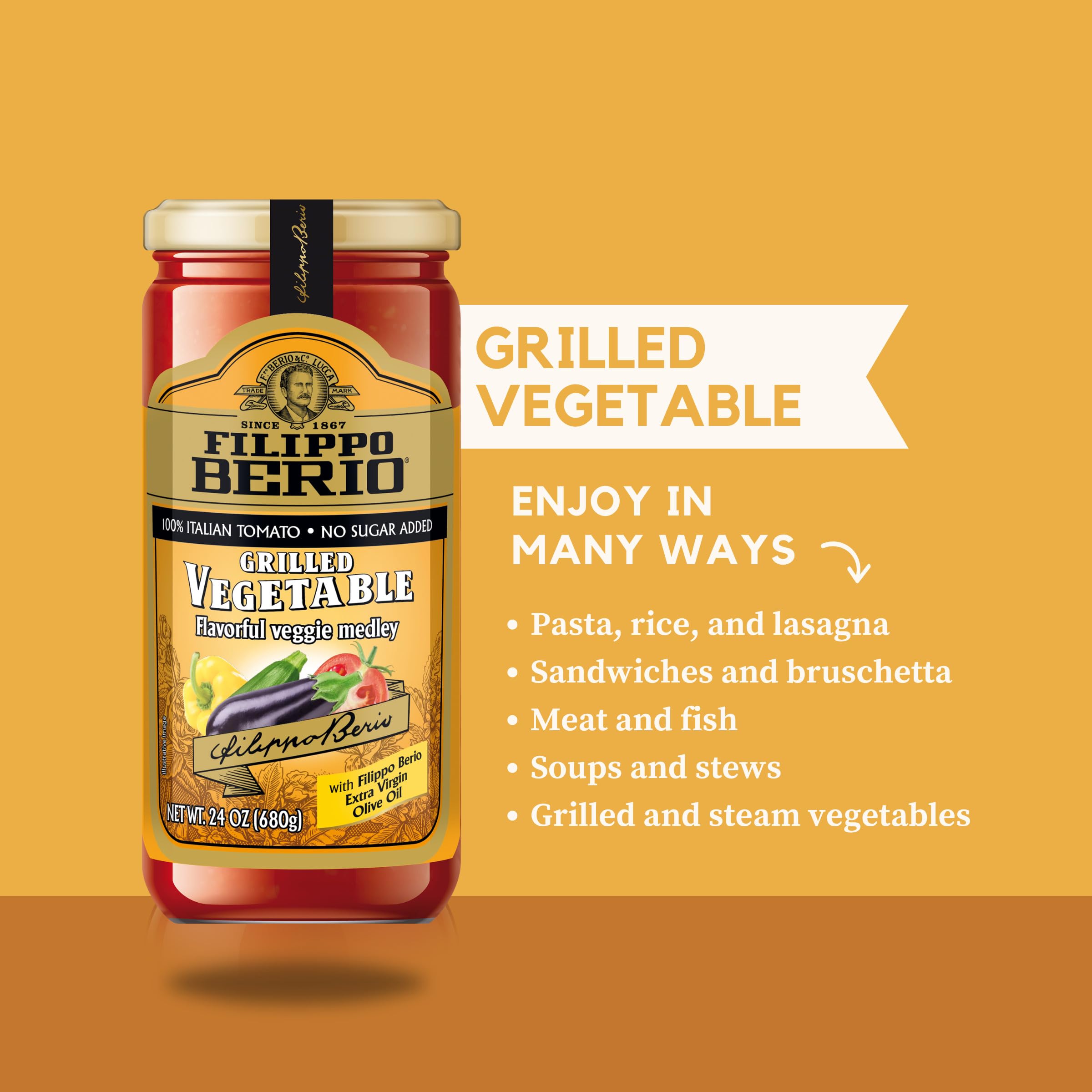 Filippo Berio Pasta Sauce, Grilled Vegetable Sauce, 24 Ounce Glass Jar, No Sugar Added, Vegan, Gluten Free, Lactose Free, Non-GMO