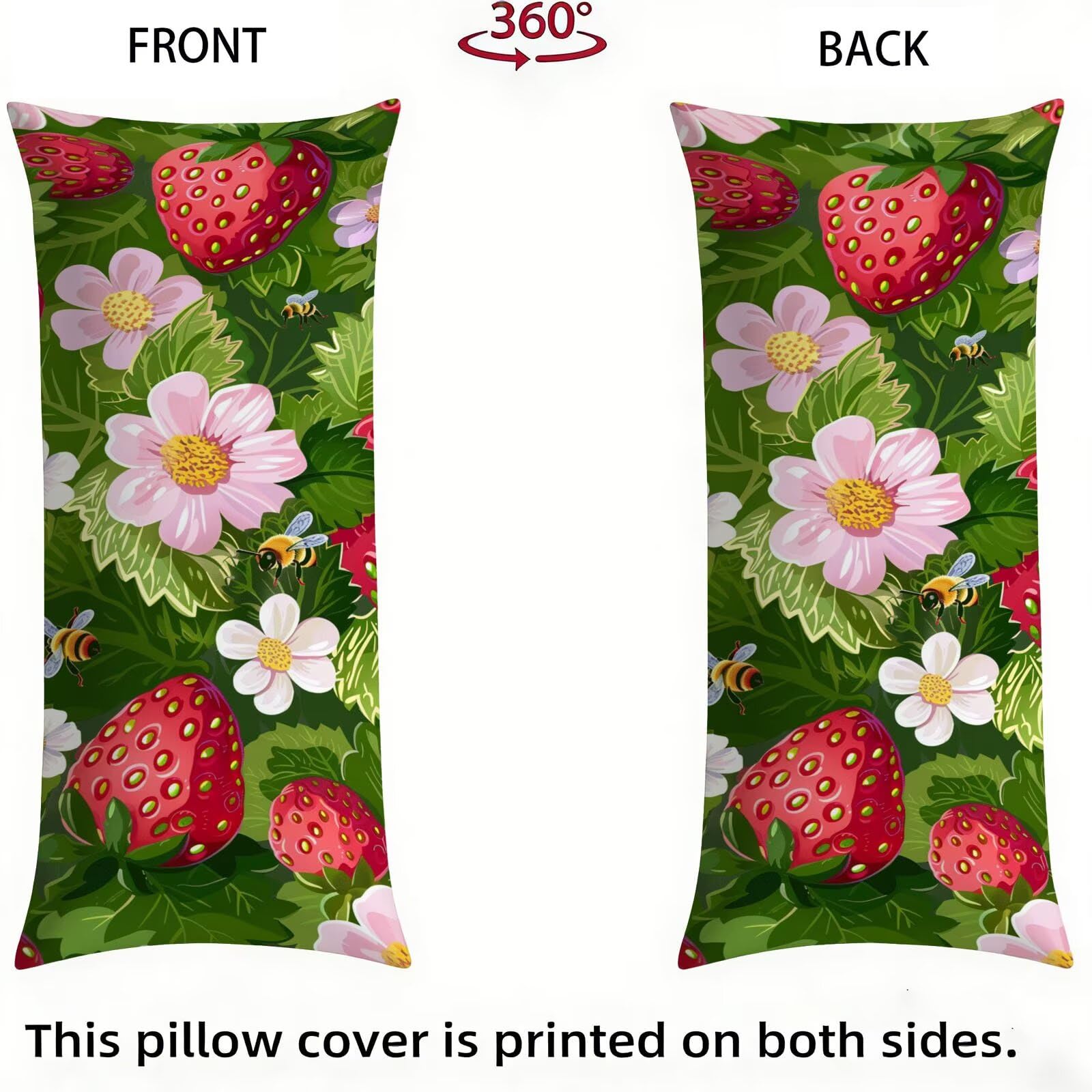 Funda de Almohada 60 x 180 cm Verde Protector Almohada 180 cm con Cremallera Invisible, Lino Durable y Transpirable Pillow Case Largas Fresa Impresión a Doble Cara para Cama, Sofá y Dormitorio dg-620