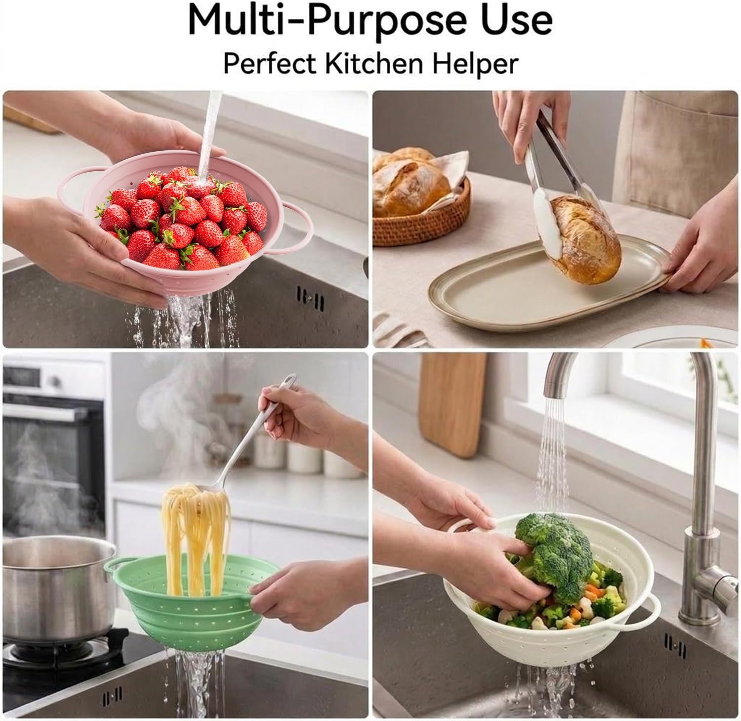 Collapsible Colander Set of 3 Silicone Strainers with Tongs, BPA-Free Heat-Resistant, Space-Saving Design, Stainless Steel Rim, Dishwasher Safe, 1 x 2QT & 2 x 4QT (Pink, Sage Green, Cream)