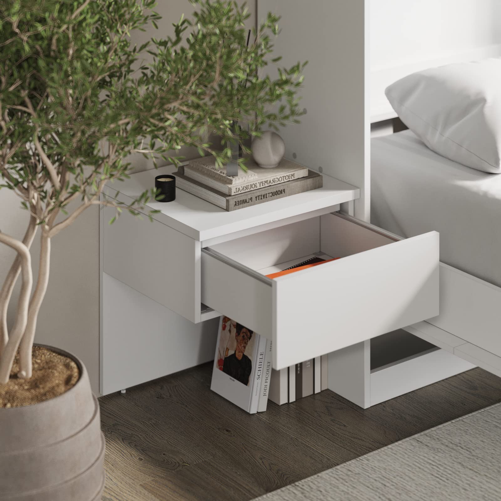 SMARTBett Set Letto a Scomparsa Classico Orizzontale 160x200 con 2 Comodini Bianchi