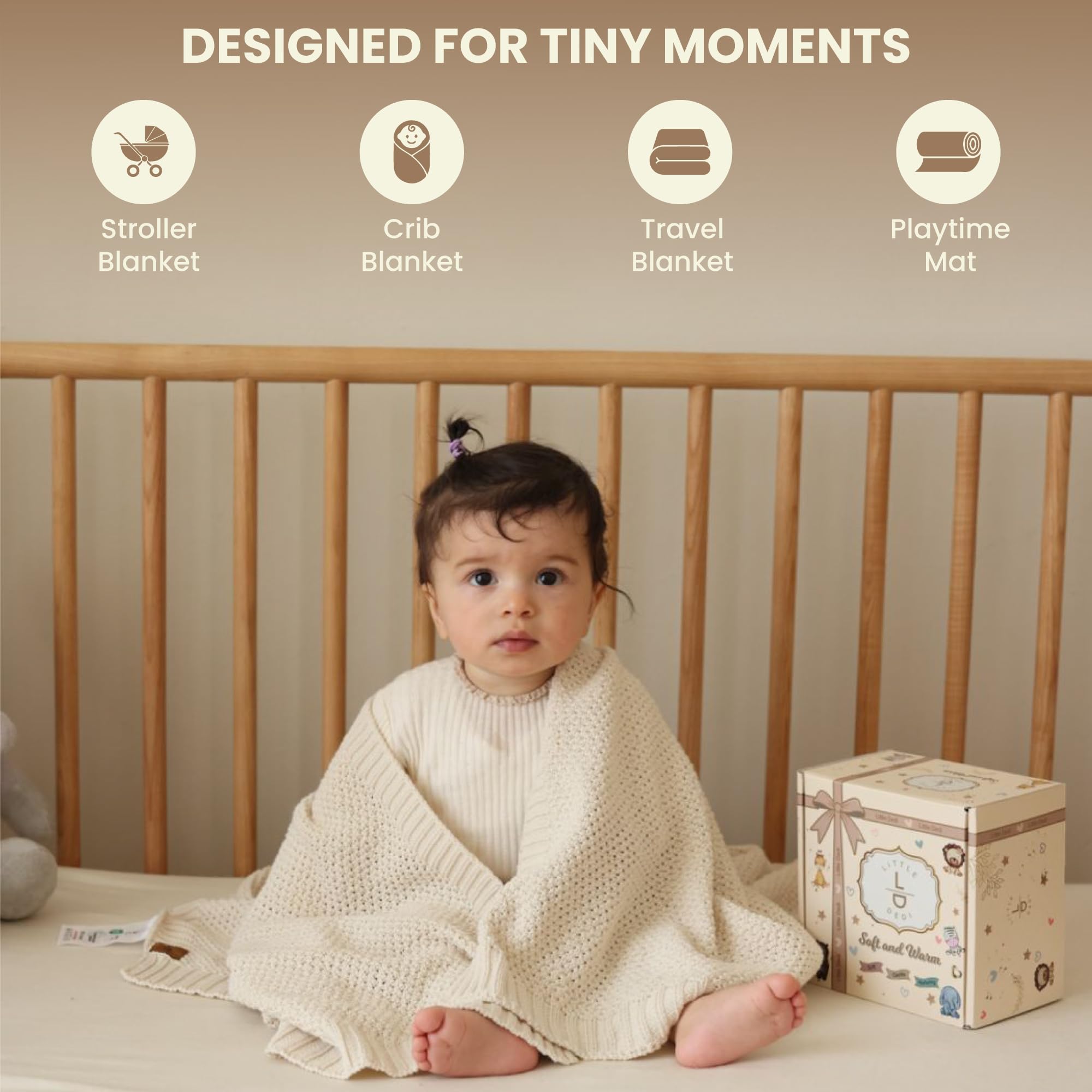 Little Dedi ZOE Baby Blanket Beige - Stroller Blanket & Cuddle Blanket made from 50% Recycled Cotton & 50% Polyester - GRS & OEKO-TEX Class 1 - Soft & Washable - Gift Box — view 5