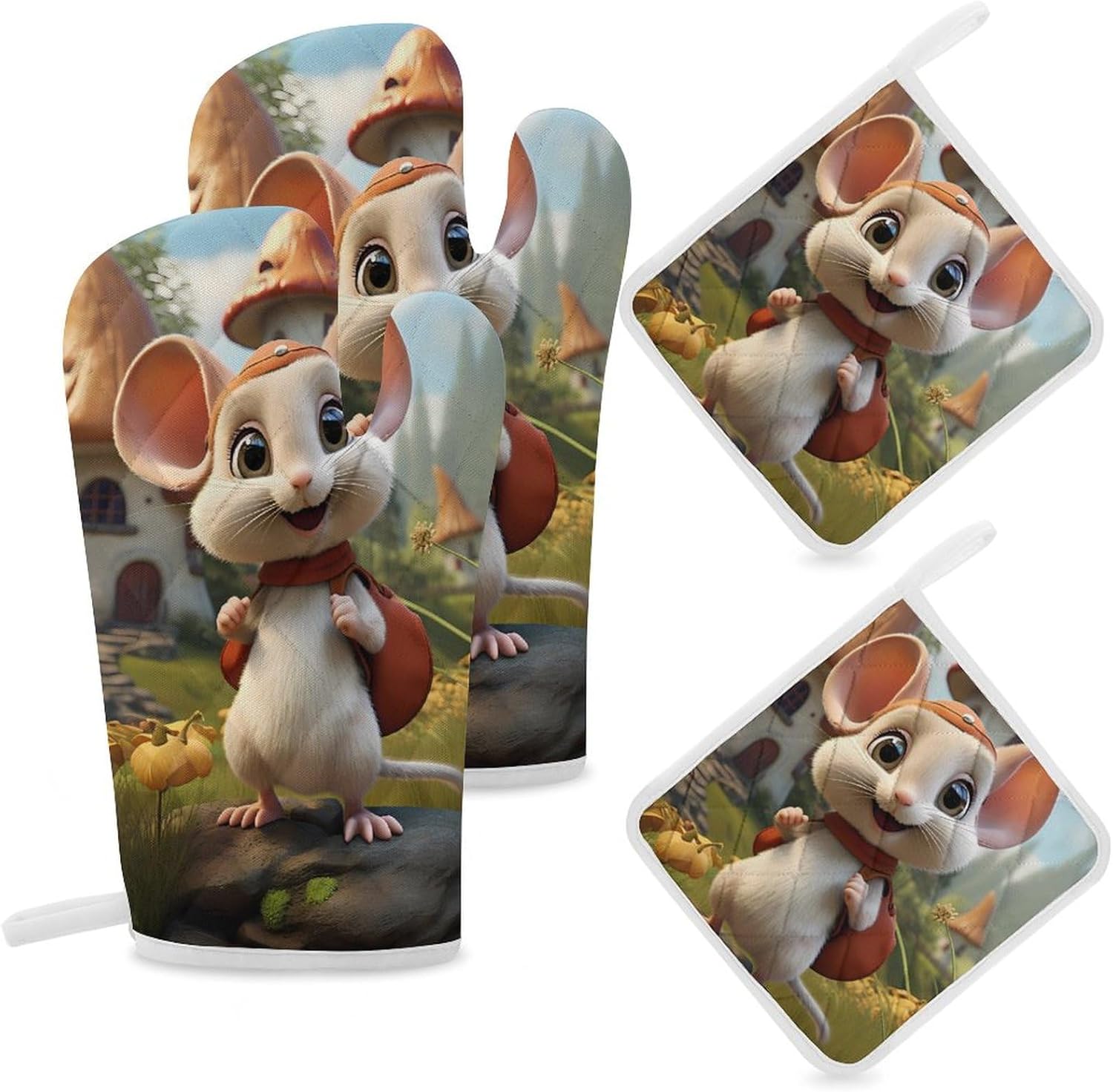 Rat 4 Pcs Oven Mitts and Pot Holders Set High Heat Resistant Long Kitchen Oven Glove Potholders