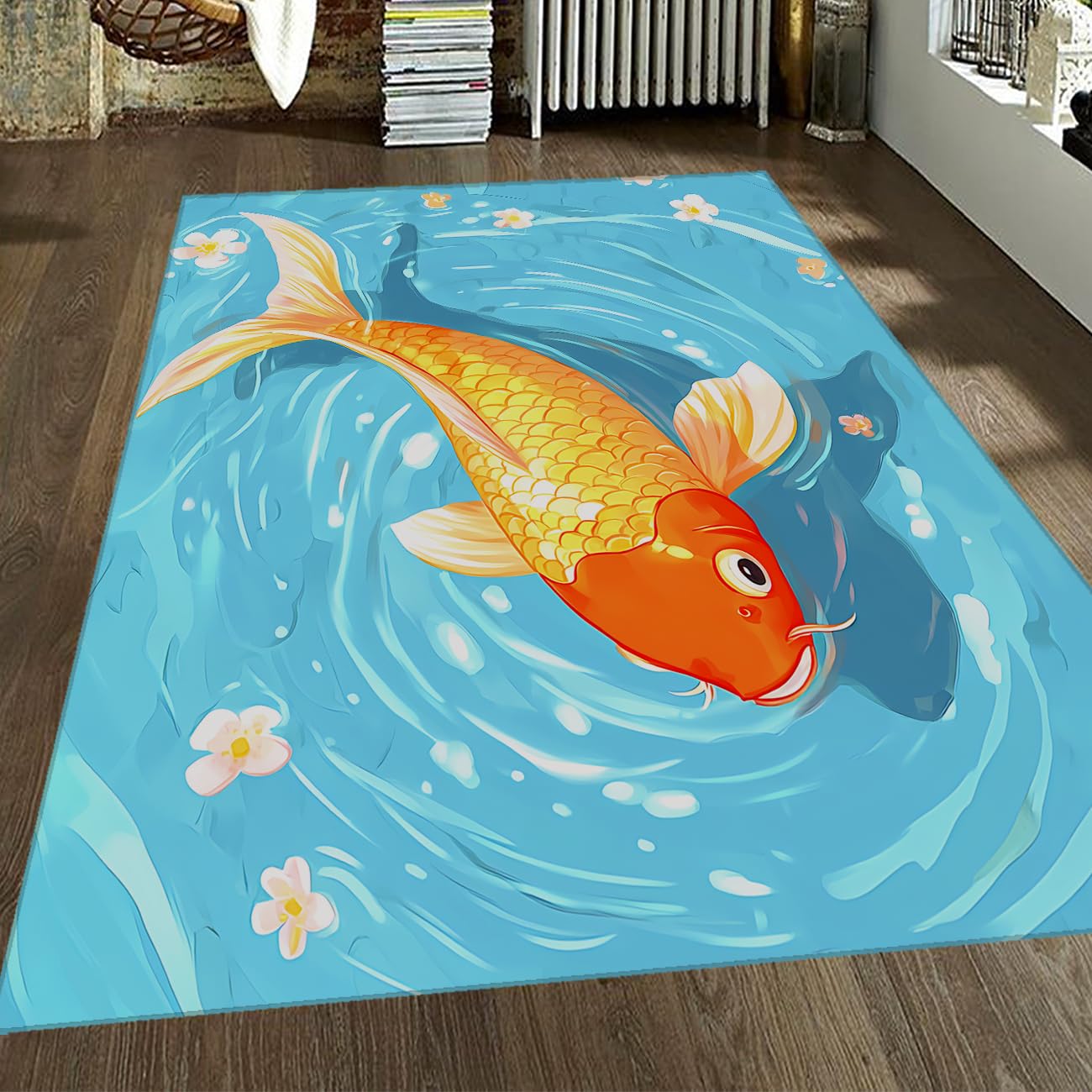 Tapis poisson Koi antidérapant poil bas 140x180 tapis frais couleurs vives salon