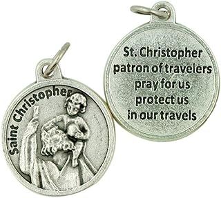 Silver Toned Base Catholic Saint Medal with Prayer Protection Pendant, 3/4 Inch