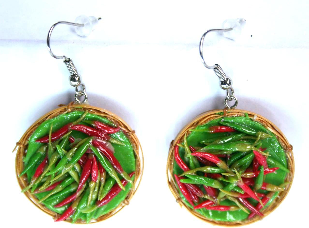 Polymer Clay Handmade Chilies on a Thai-style Basket earrings