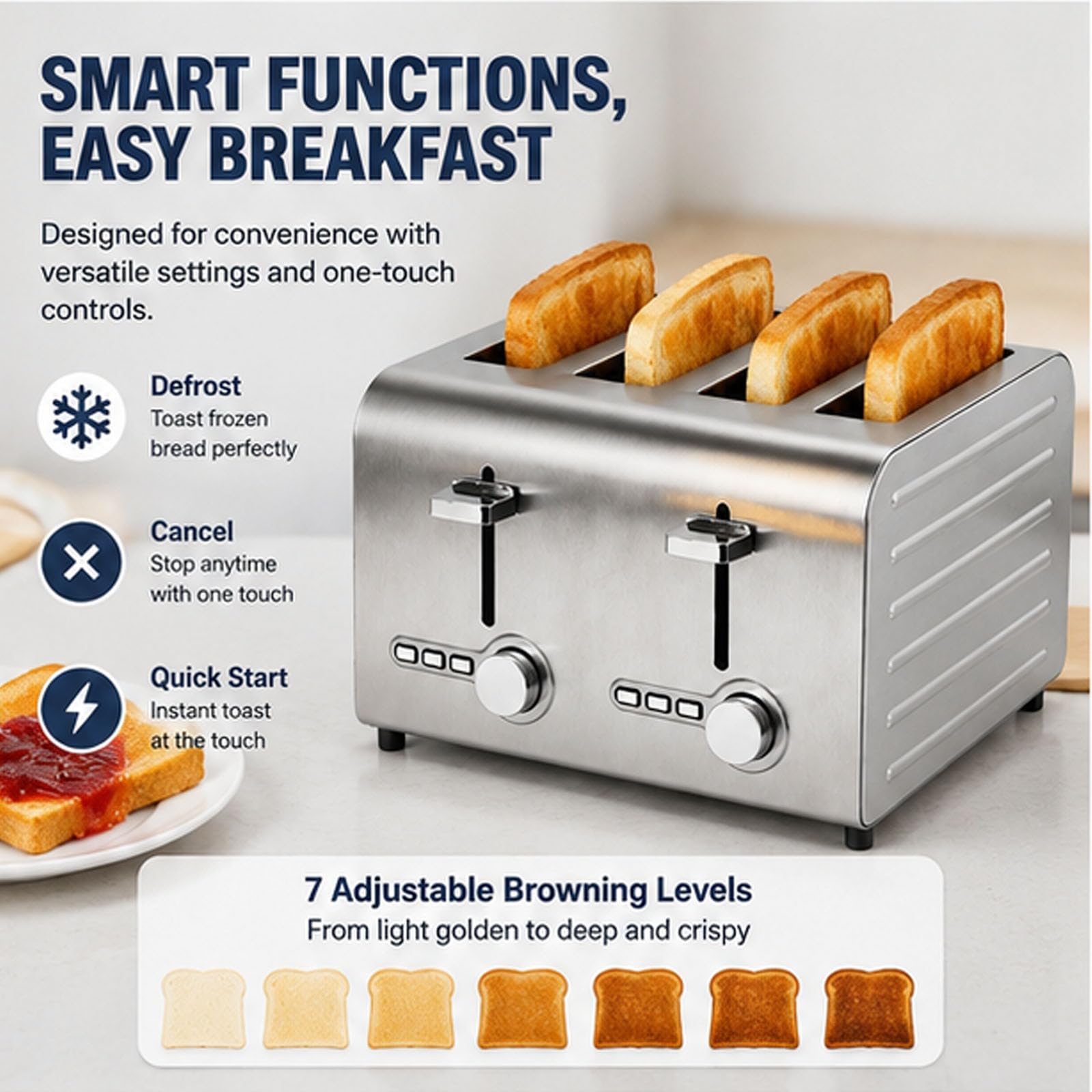 Tostadora commerciale a 4/6 slot, tostapane automatico pop-up con 7 ° impostazioni di abbronamento, annullare/scongelare/avvio a un tasto, vassoio di briciola rimovibile, per muffin, vass 4slices