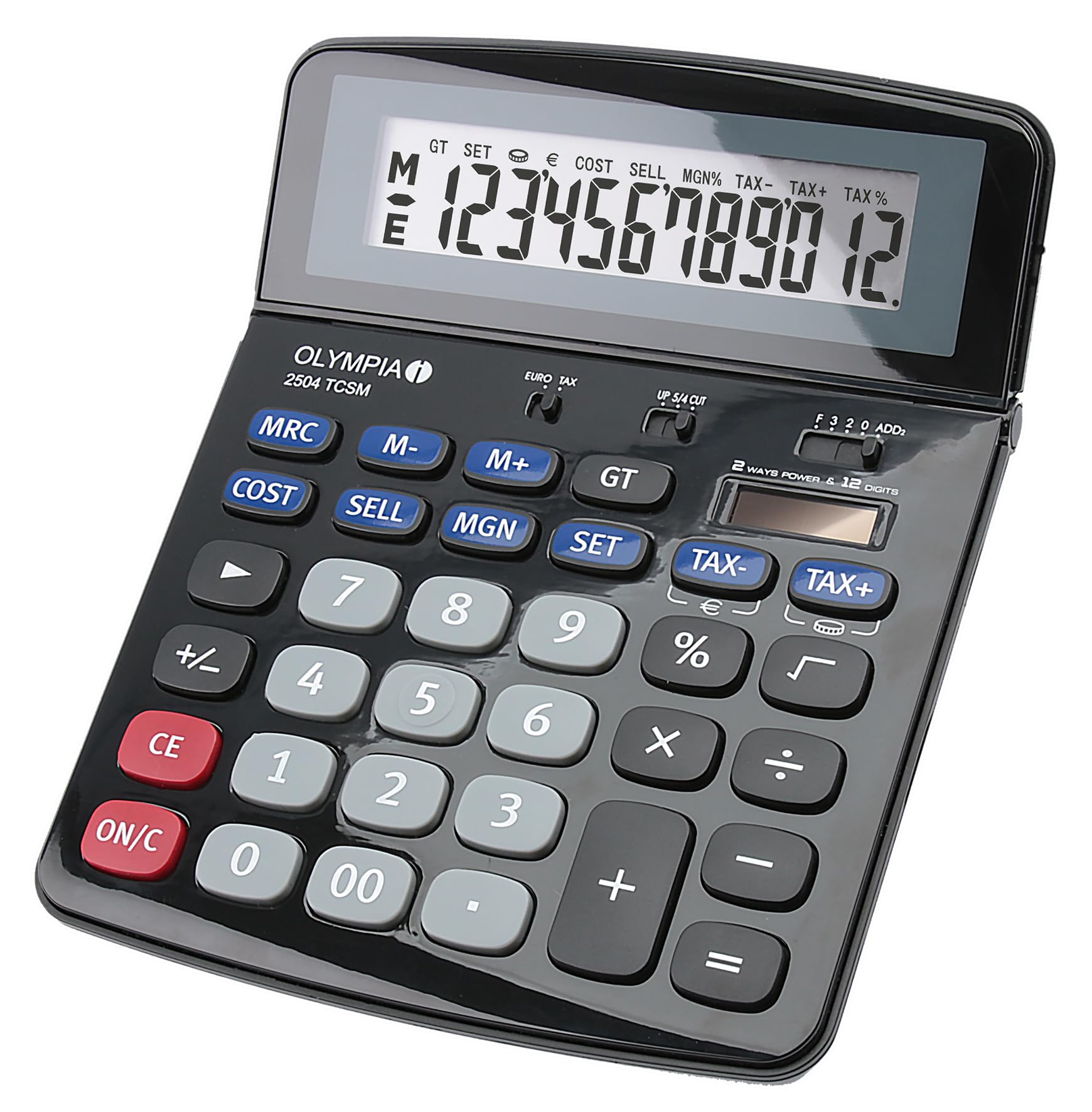 OLYMPIA 2504 TCSM Tischrechner 12-stellig – Finanzrechner mit Solar & Batterie, Tax, Cost Sell Margin, Euro-Umrechnung, Großes Display, Büro Rechner Schwarz Blau Grau