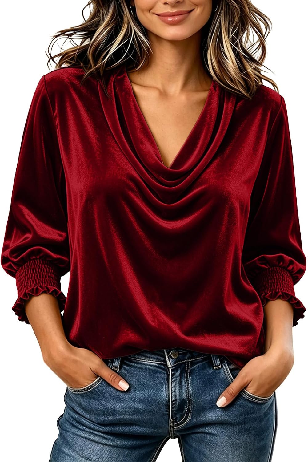 Womens Velvet Cowl Neck Top 3/4 Sleeve Trendy Wear